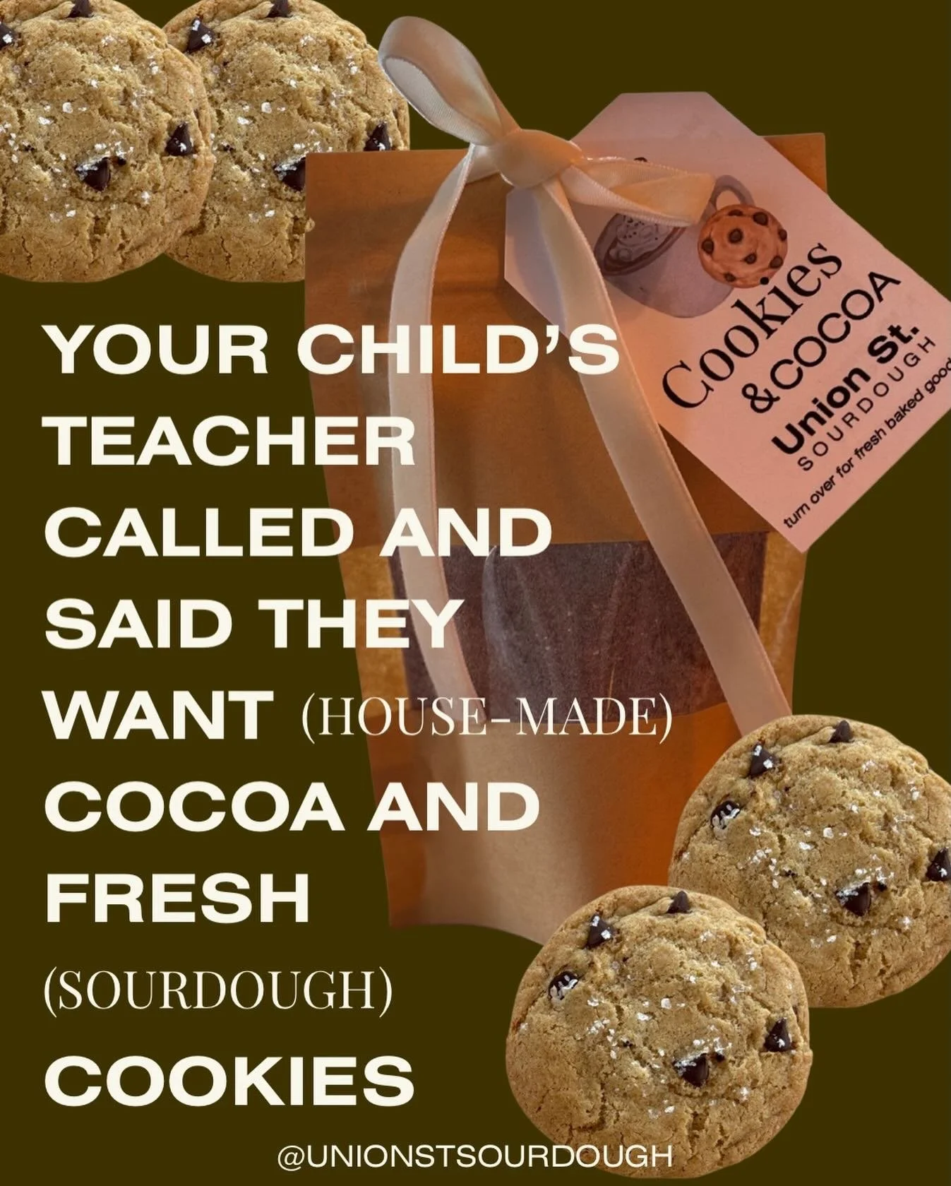 Introducing Cookies &amp; Cocoa &mdash; a little holiday happiness in a pouch.
 Each one includes my cozy, house-made cocoa mix plus a voucher for two fresh-baked sourdough cookies (the recipient chooses their pickup day via my @hotplate pre-order sy