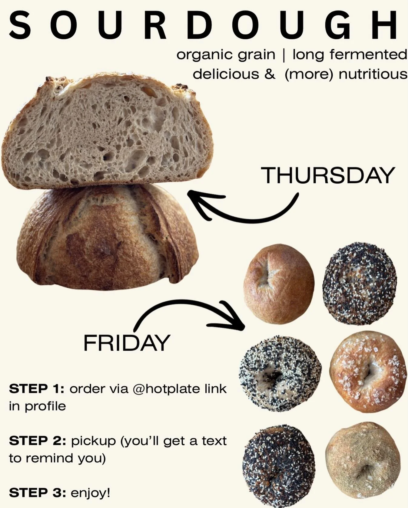 Forgot (again) to post this week&rsquo;s menu, so here&rsquo;s a simple reminder of the current schedule, and the three simple steps you need to take to enjoy delicious, yummy friendly, sourdough bread, bagels, and more. 

Bread order close Tuesday e