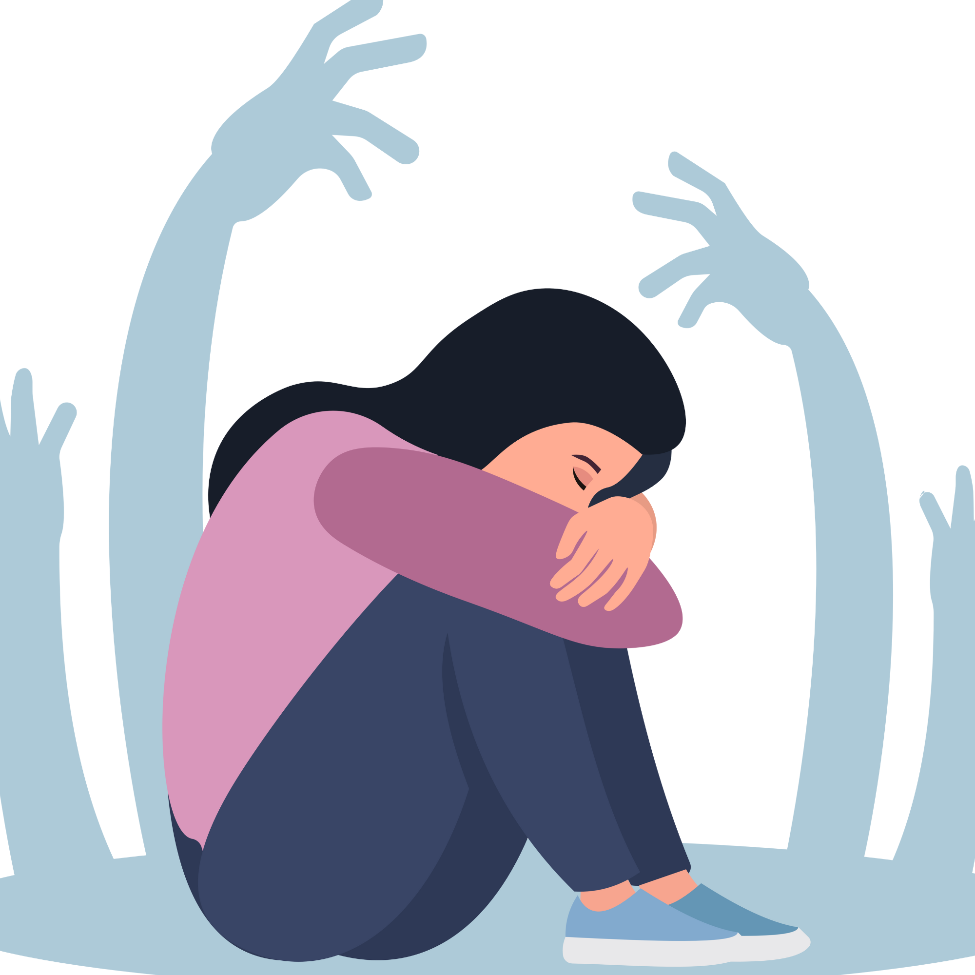 Image of girl huddling with blue hands in background to illustrate parentification trauma therapy in Colchester, Connecticut, 06415 and throughout Virginia