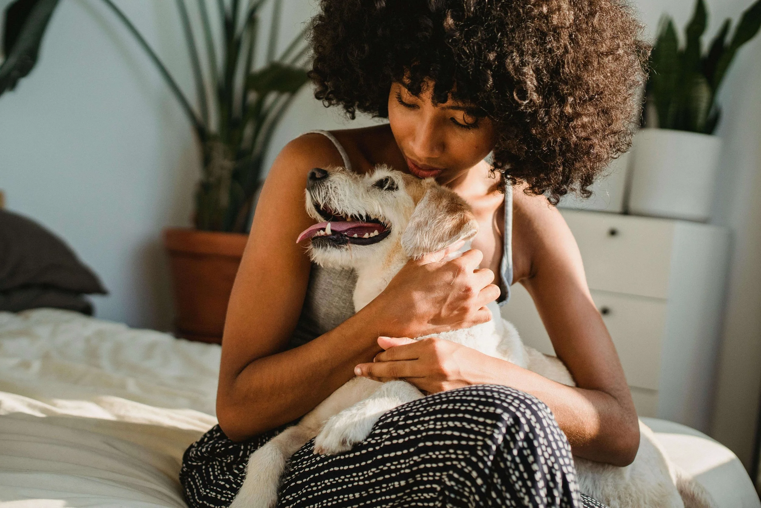 Woman sitting with her dog and looking thoughtful, symbolizing emotional processing and comfort in work with a reparenting therapist in Falls Church, VA.