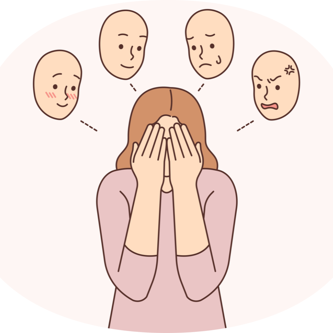 Image of woman with different face masks above her to show IFS trauma therapy for childhood trauma and parentification trauma in Colchester, CT 06415 & VA