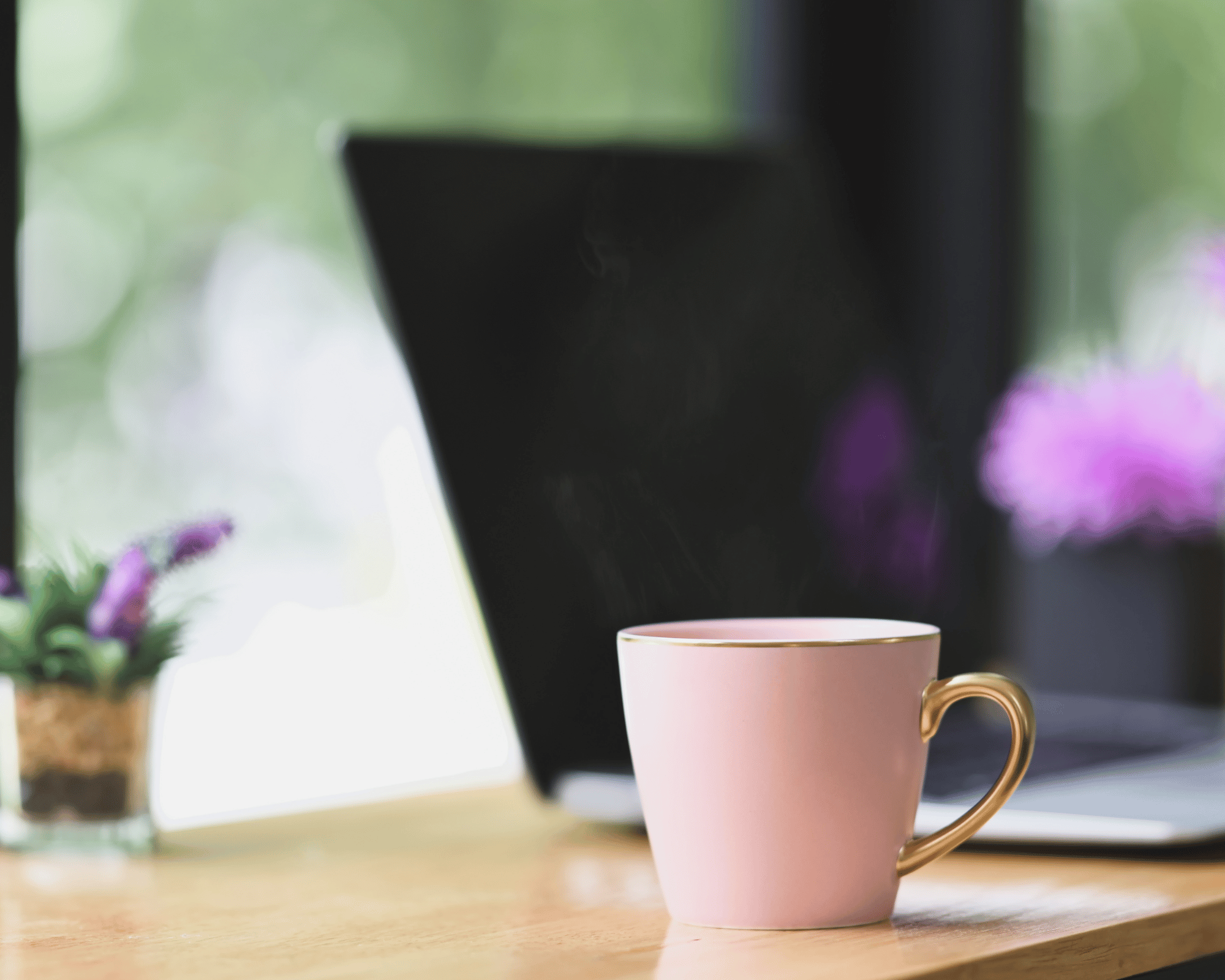 Image of laptop, pink mug & plant representing easy options for in-person therapy in NOLA and online therapy in Louisiana, CT & VA for trauma & teen anxiety