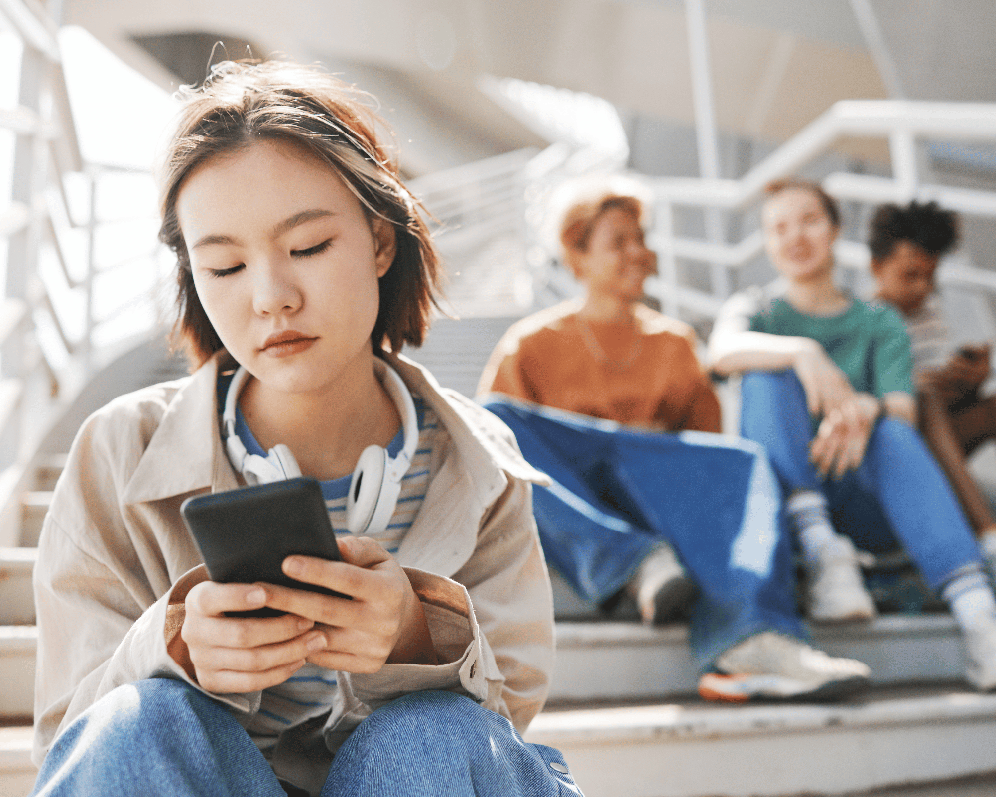 Image of teen girl on her phone being left out by other teenagers to show parentification trauma therapy in New Orleans, LA, Colchester, Connecticut & Falls Church, Virginia