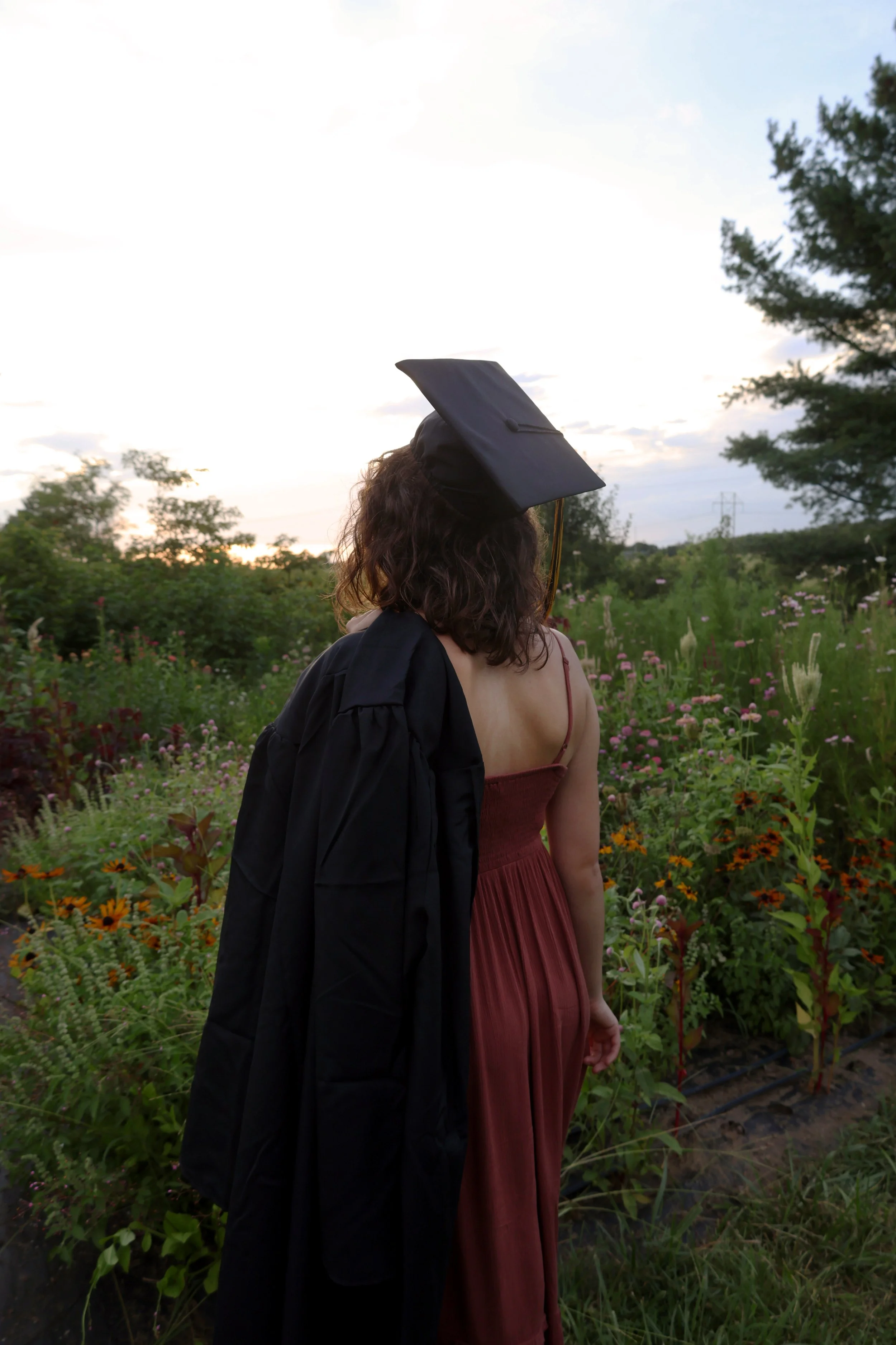 A woman in a maroon dress and a black graduation cap and gown standing in a field of flowers, looking away from the camera at sunset.