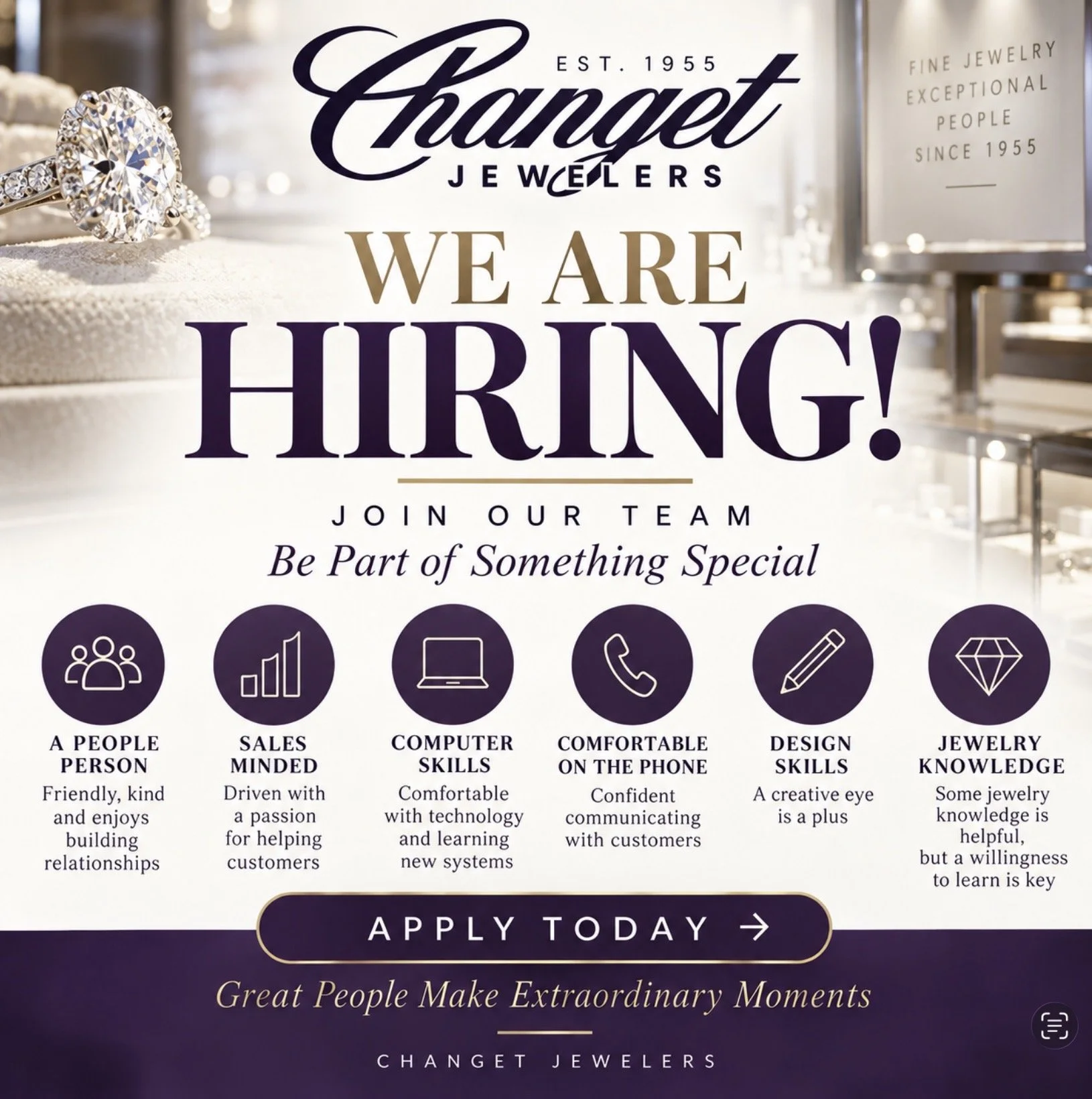 Promotional we're hiring graphic highlighting why someone would want to work at Nick Changet Jr Jewelers