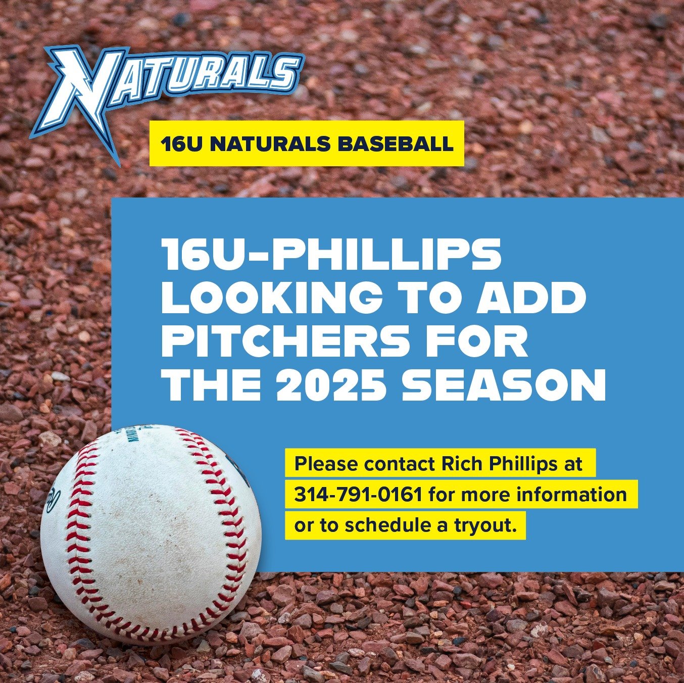 St. Louis Naturals social media post promoting baseball tryouts for one of their 16U team.
