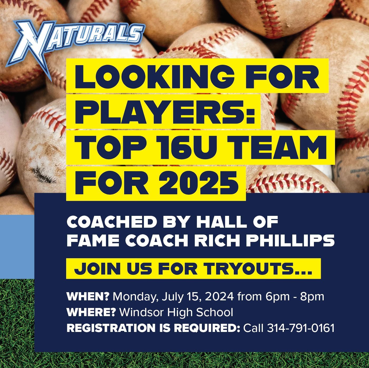 St. Louis Naturals social media post promoting baseball tryouts.