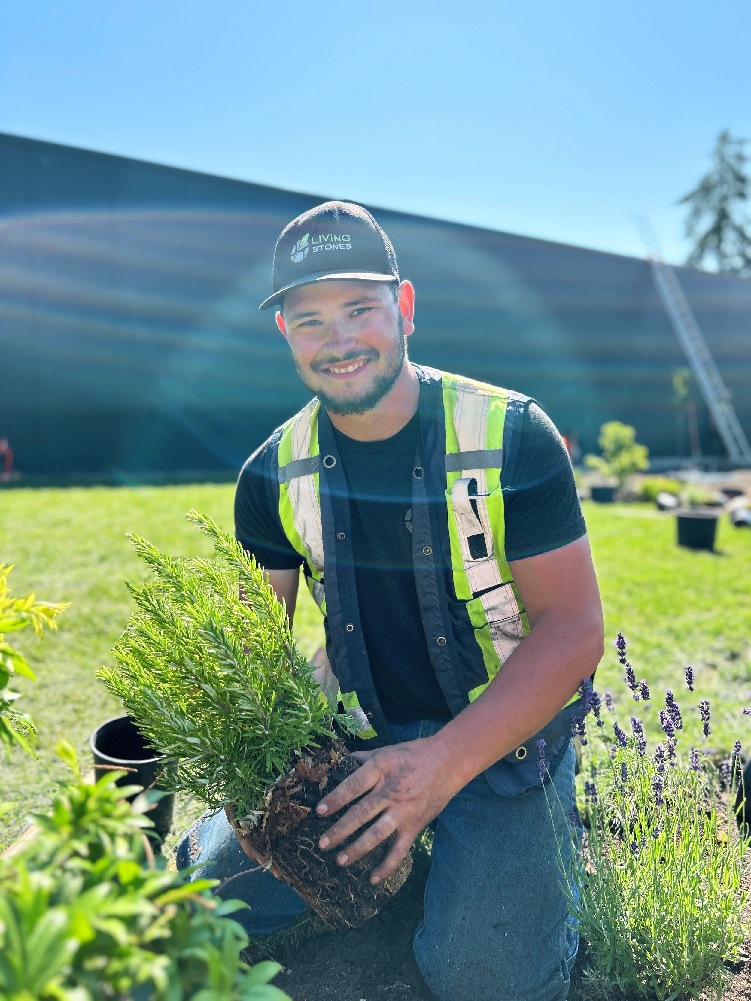 Man kneeling in a garden holding a potted plant, smiling, wearing a black cap and a reflective vest, with a building, ladder, and garden plants in the background on a sunny day.