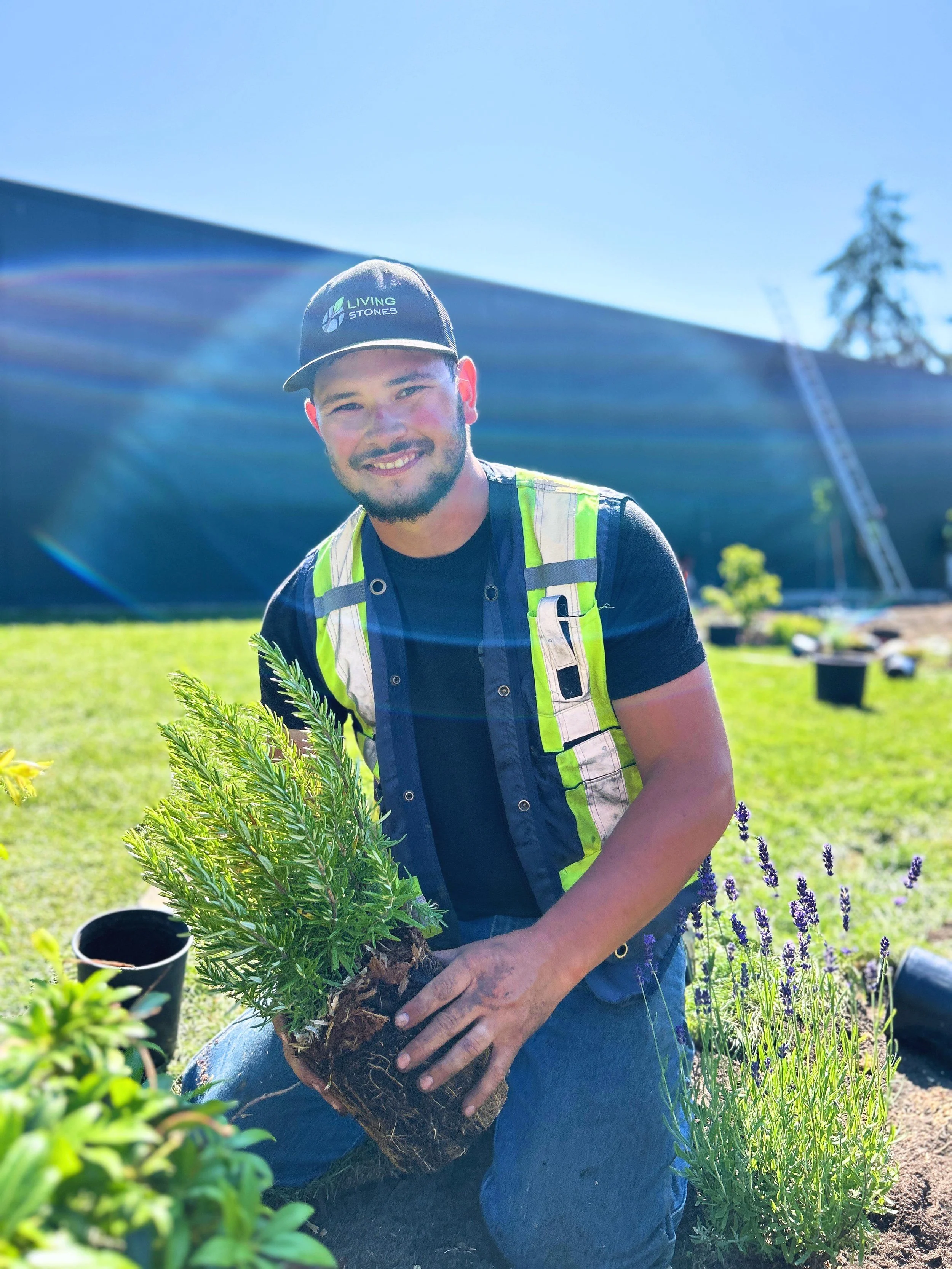 Man kneeling in a garden holding a potted plant, smiling, wearing a black cap and a reflective vest, with a building, ladder, and garden plants in the background on a sunny day.