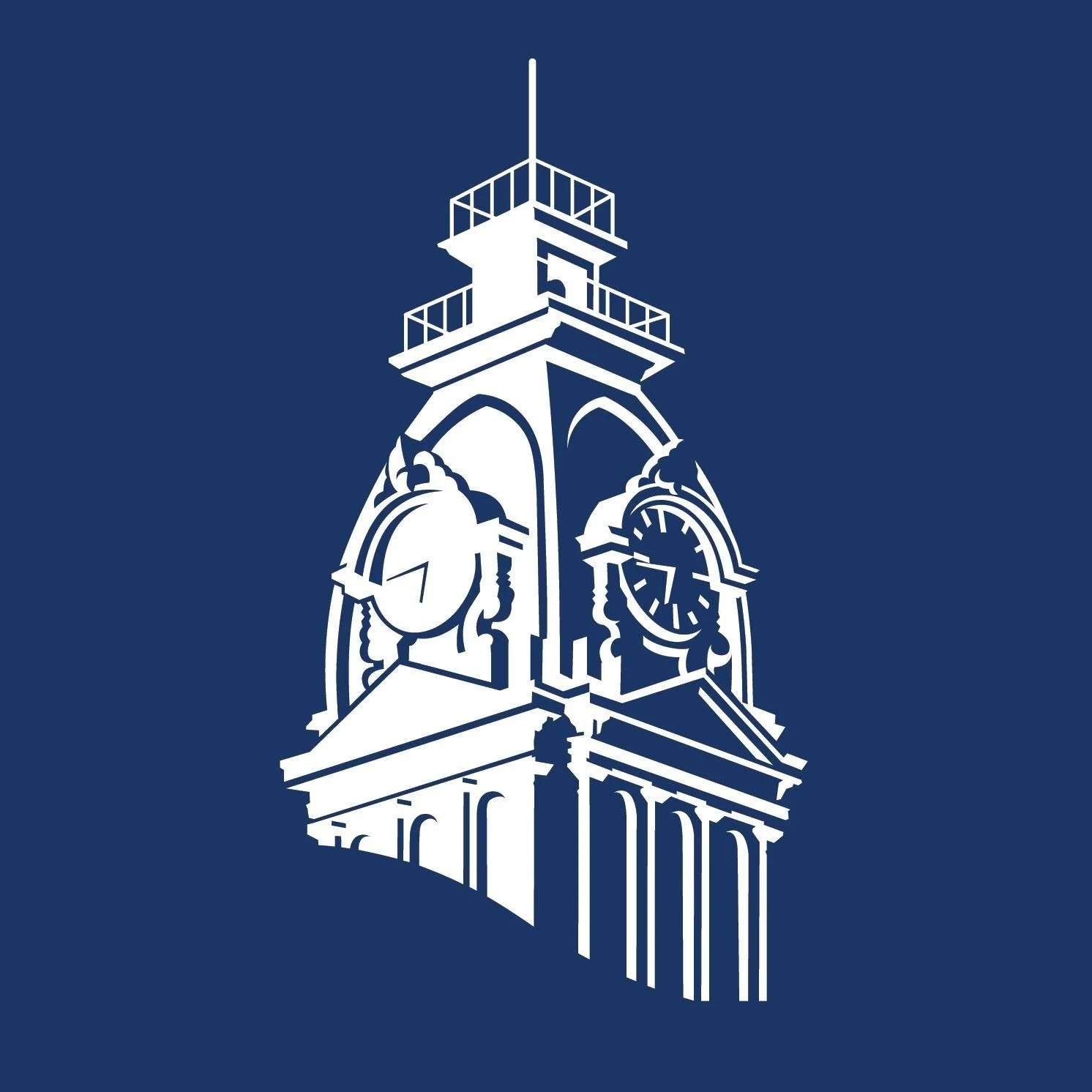 Illustration of a clock tower with two clock faces, drawn in a minimalist white outline on a dark blue background.