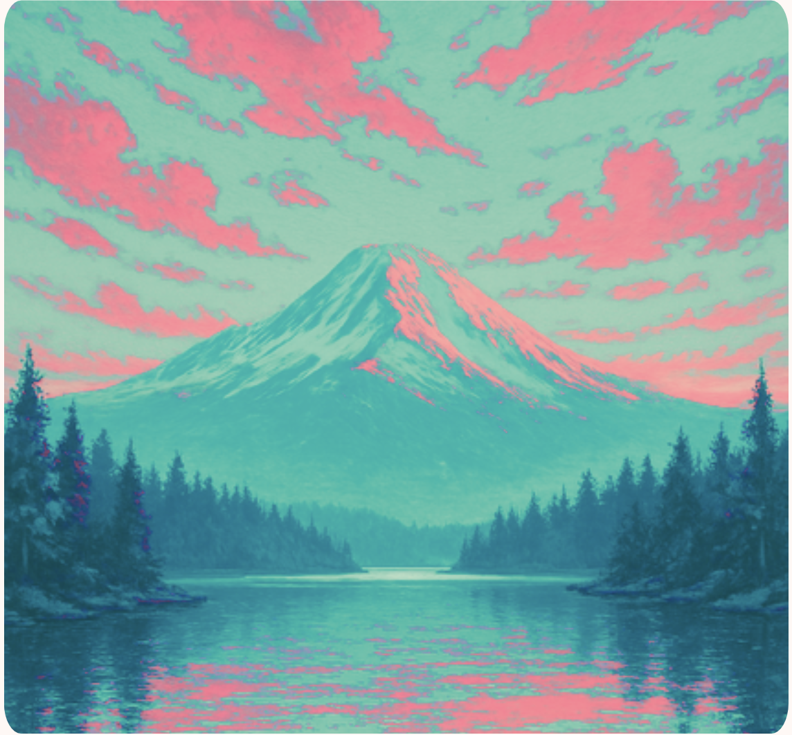 Colorful digital painting of a mountain, possibly Mount Fuji, with pink and teal clouds, reflected in a river, surrounded by a forest.