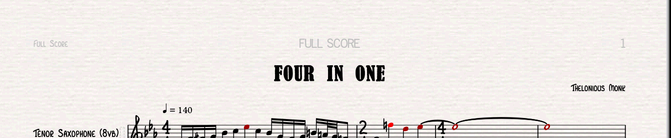 Sheet Music - Four in One (Thelonious Monk - Arranged by Boyce Griffith)