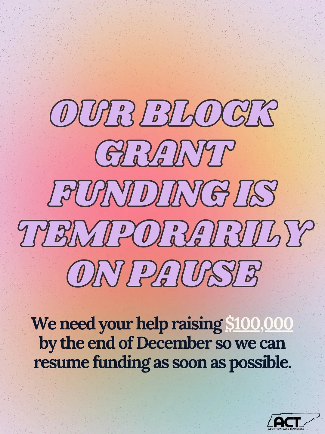 🚨WE NEED YOUR HELP🚨

Tapping in our community of supporters: we need your help fundraising so we can resume our block grants at our usual amount of $40k/quarter. The need for abortion funding is only increasing while our fundraising is down 91% fro