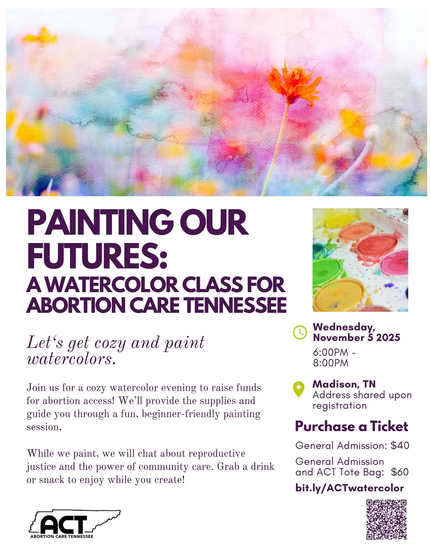 🎨🖌️WATERCOLOR CLASS FUNDRAISER🎨🖌️
Hey Nashville! Come get cozy with ACT while painting watercolors. All skill levels are welcome, and all materials provided. Bring your artsy friends to learn a new skill AND have fun raising money for your favor