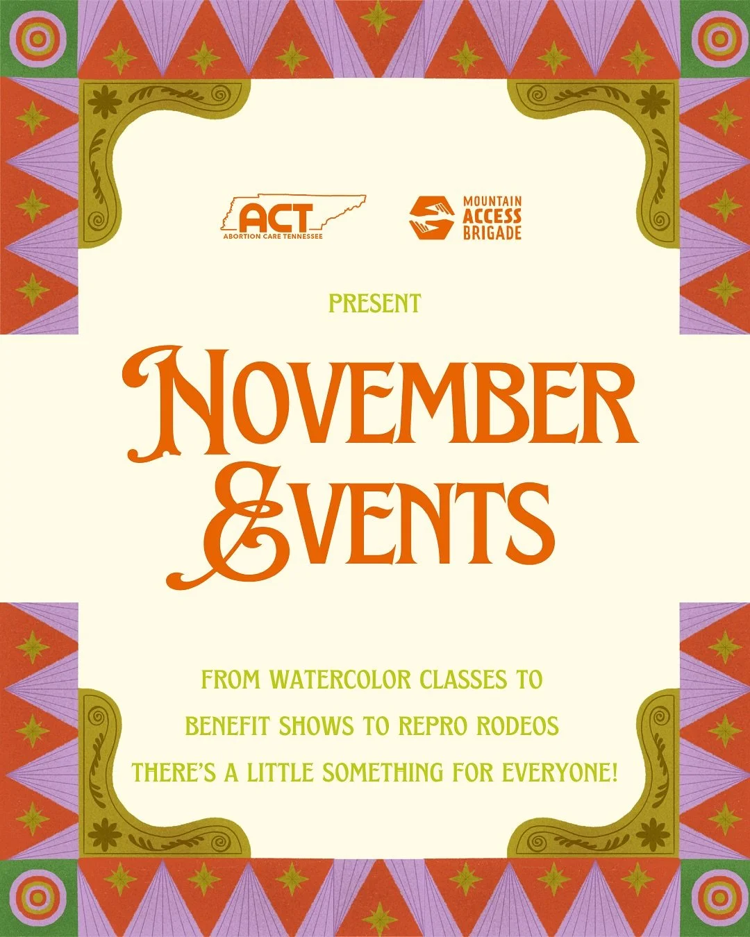 🍂NOVEMBER EVENT LINEUP🍂

Where to find your ACT favs out in the wild this fall 🥰

11/5 Watercolor Class Fundraiser 
11/8 @peoplespride615 
11/9 Sweet Tea Dance at @drkmttrcollective 
11/12 Benefit Show at @deeslounge615 hosted by our beloved @emil