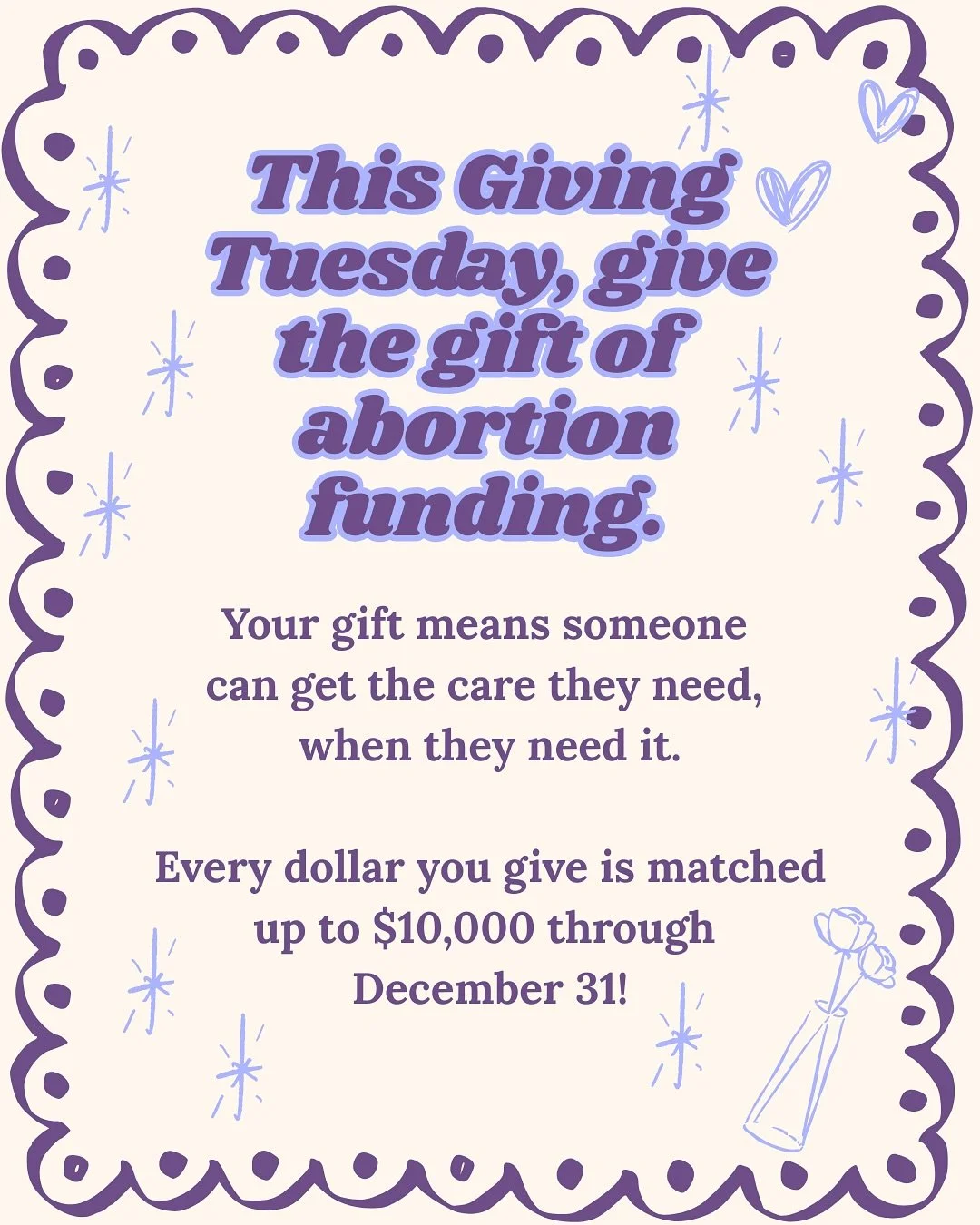 🎂GIVING TUESDAY🎂

This #givingtuesday government the gift of abortion access 💜 

We are soooooo close to our MATCH GOAL! 💞 You&rsquo;ve helped us raise $6,780 towards our $10,000 match. That&rsquo;s 6 candles 🕯️ on our giving cake!

Giving to ab