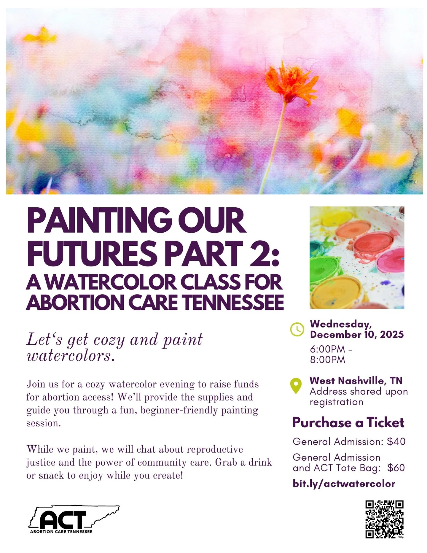 🎨BACK BY POPULAR DEMAND: WATERCOLOR CLASS PART 2🎨

Join us again on December 10th for yet ANOTHER cozy, beginner friendly watercolor painting class! Tickets are $40 (supplies included), or $60 to include an ACT tote bag 🥰

Come support abortion an