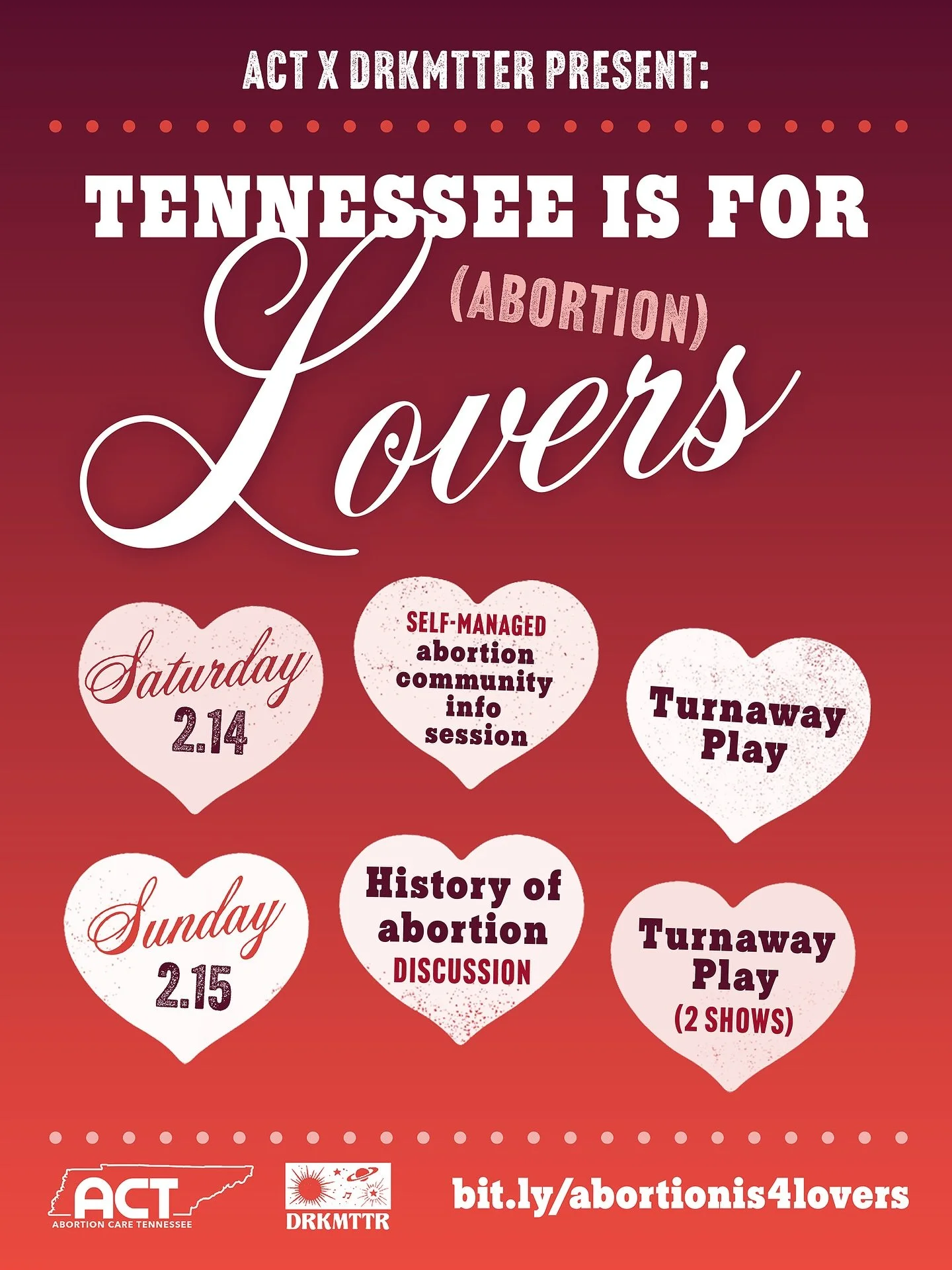 NASHVILLE! Got plans this Valentine&rsquo;s Weekend? We have some exciting offerings for you!

We&rsquo;re partnering with @drkmttrcollective for a TENNESSEE IS FOR ABORTION LOVERS weekend fundraiser! Packed full of community info sessions and our fe