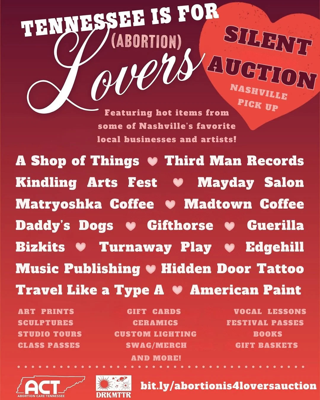 🥵HOT auction items🥵

Let the bidding begin! Check out all the goodies at 
bit.ly/abortionis4loversauction (link in bio)

Bidding goes through Sunday, and all physical items have a pick up in Nashville. 

We&rsquo;ve got stuff from all your favs 😘
