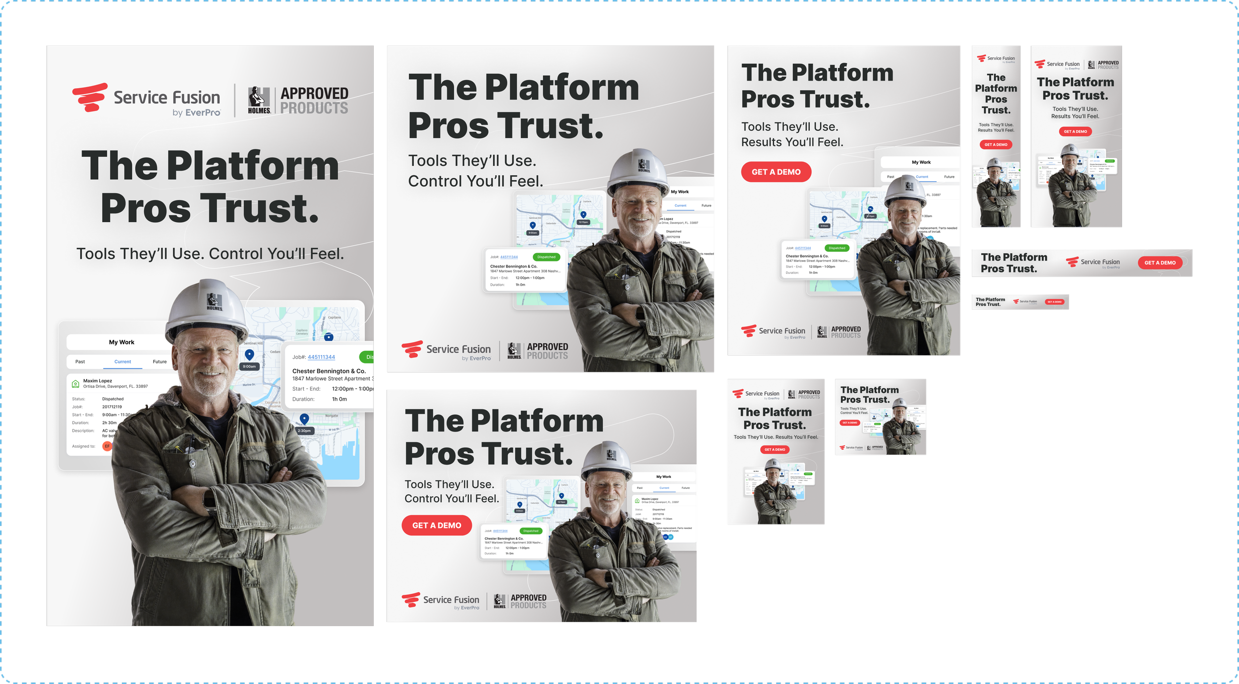 Promotional poster for Service Fusion by EverPro, featuring a smiling man in a work uniform and hard hat, with a mobile app interface showing job details and a map. Bold text states, 'The Platform Pros Trust. Tools They'll Use. Control You'll Feel.' 