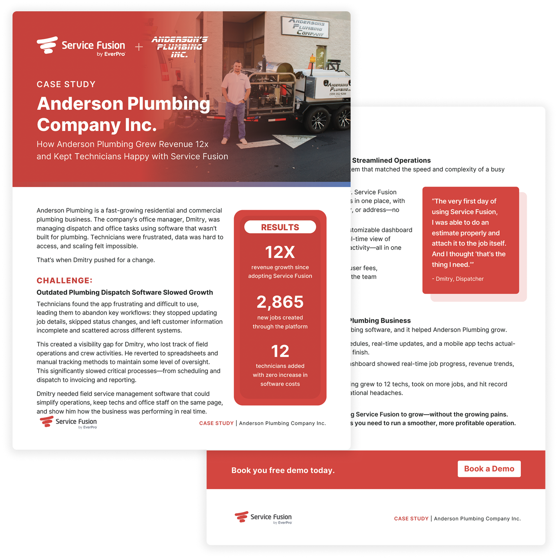 A marketing flyer for a case study on Anderson Plumbing Company Inc., featuring a man standing in front of a plumbing truck, with text emphasizing revenue growth and software benefits, along with a branding and contact section.