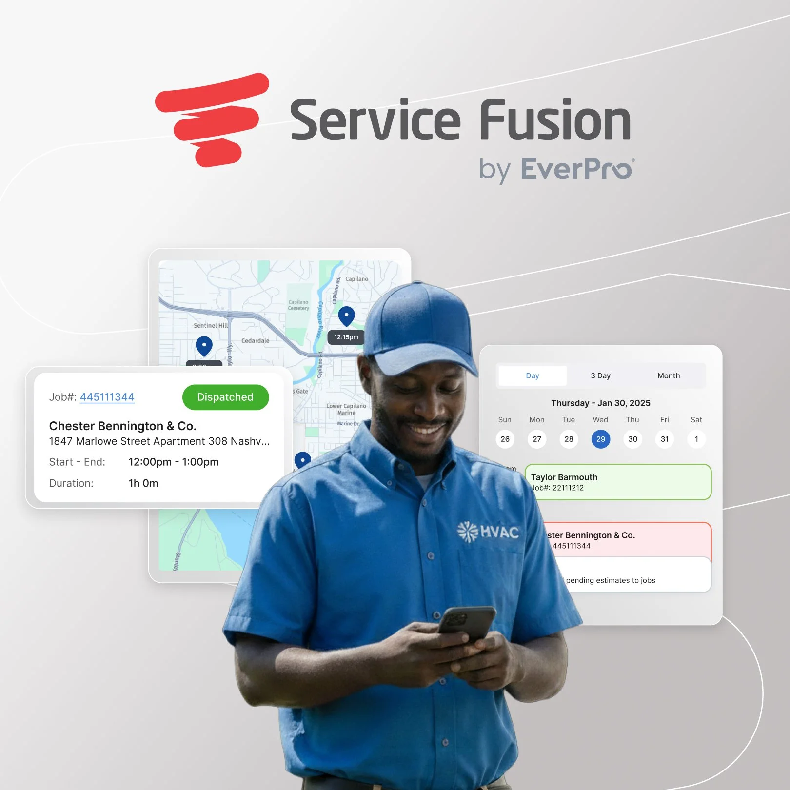 A smiling man in a blue HVAC company uniform looking at his smartphone with a background of digital planning and scheduling interface for service jobs.