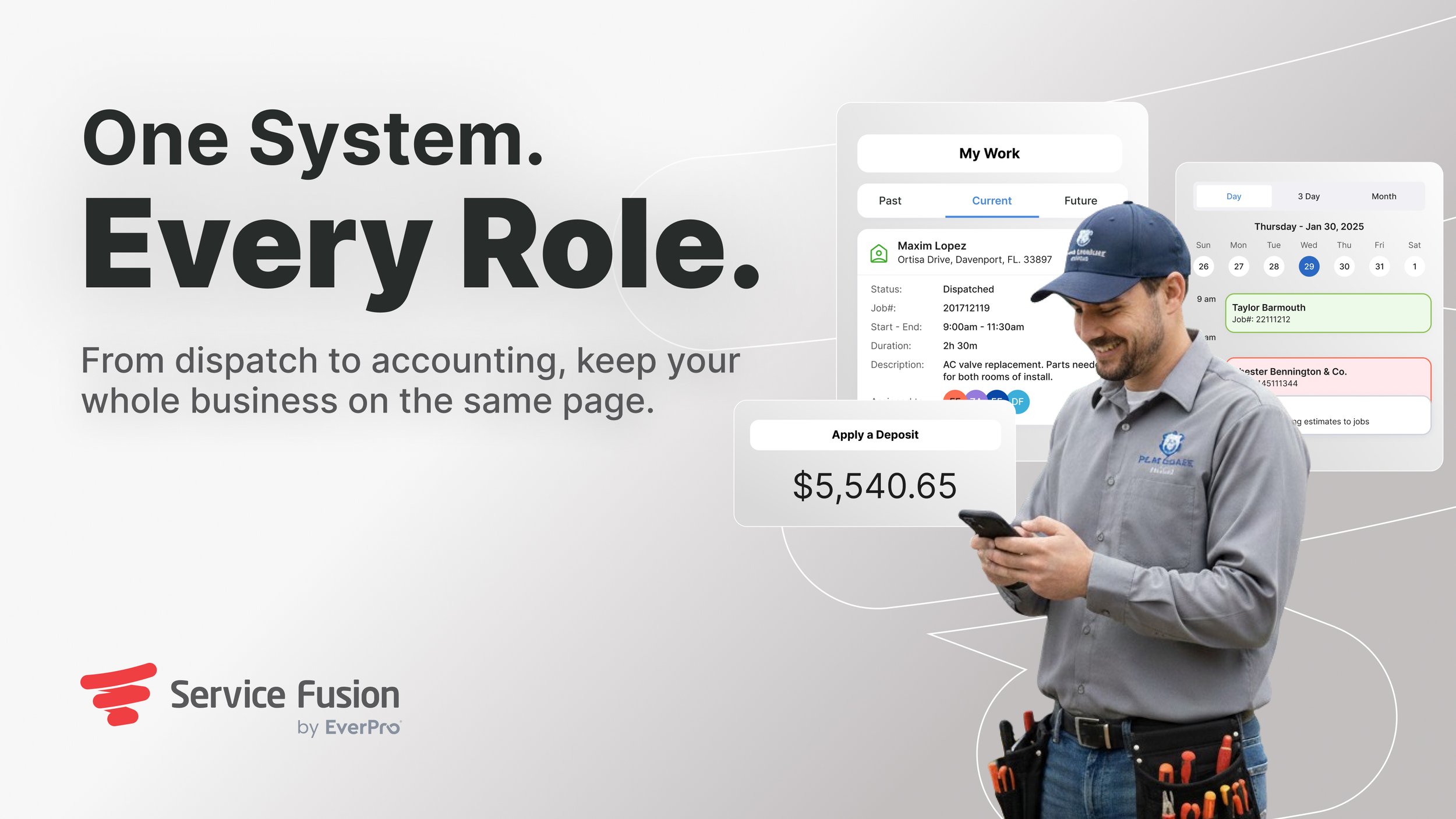 A promotional image for a business management software showing a smiling technician in a uniform with tools, using a smartphone, with digital screens displaying work schedules, job details, and financial information. The text reads 'One System. Every Role.' and 'From dispatch to accounting, keep your whole business on the same page.' The logo of Service Fusion is at the bottom.