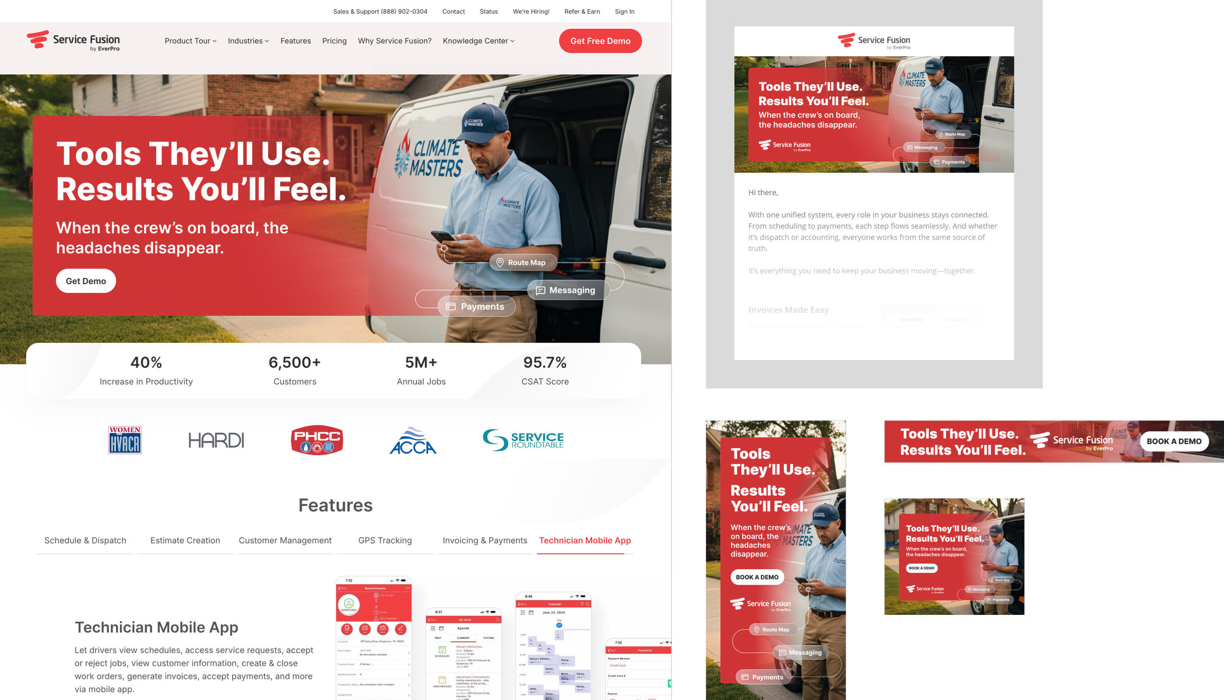A website landing page for Service Fusion by EverPro featuring a man in a blue shirt and cap checking his phone next to a white van with 'Climate Masters' logo parked outside a house. The page highlights tools and features for business management, with a red banner stating 'Tools They'll Use. Results You'll Feel.' and a call-to-action button 'Get Demo'.