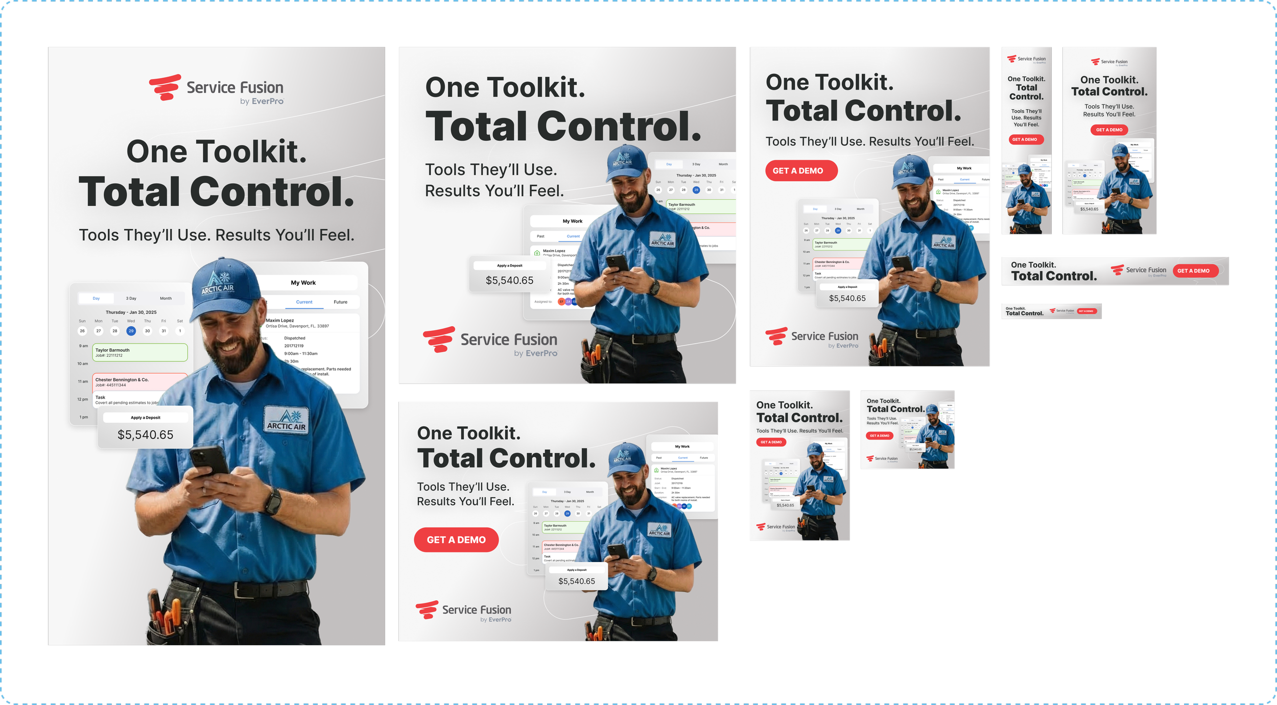 An advertisement for Service Fusion by EverPro featuring a man in a blue uniform and cap, holding a smartphone. The ad promotes a toolkit for total control of tools and results, with various digital interface images and a red "Get a Demo" button.
