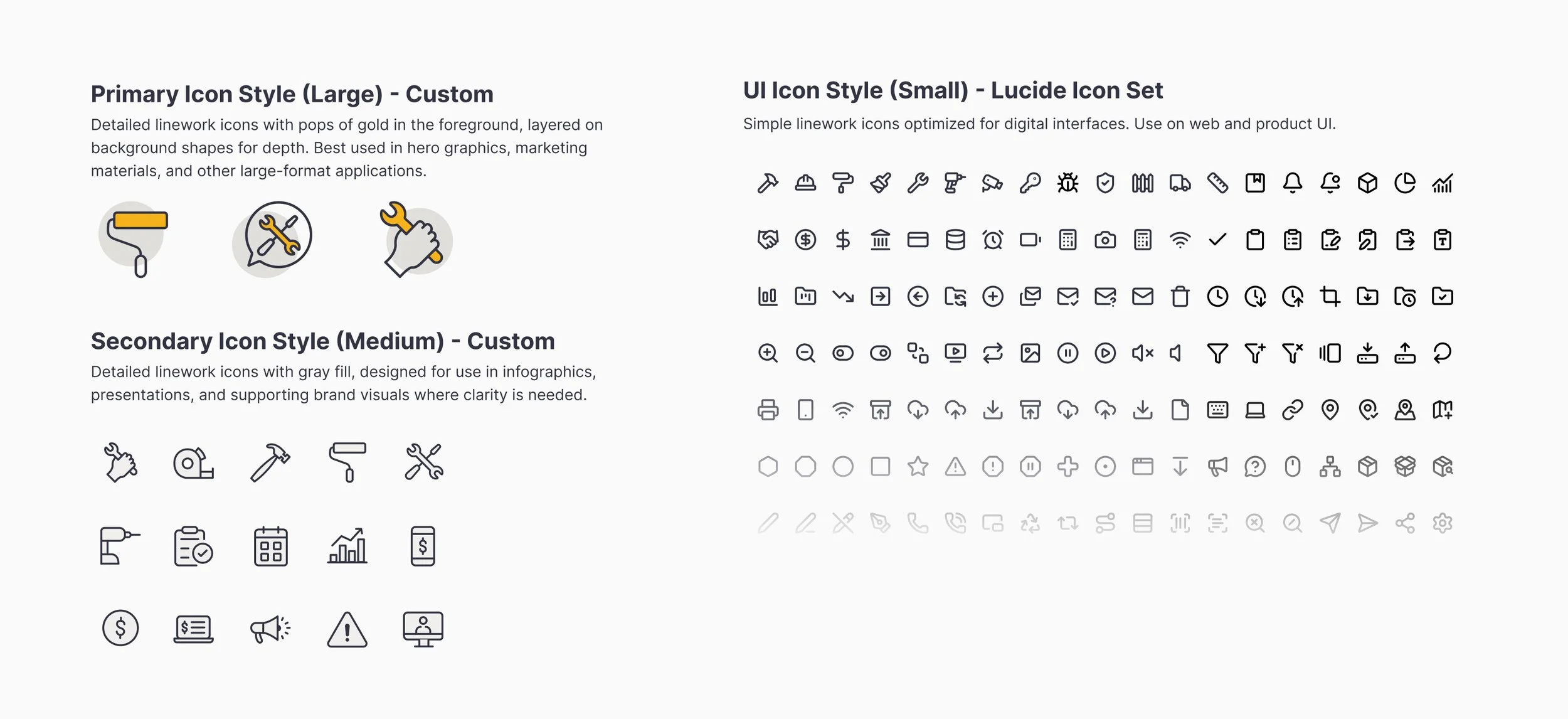 A chart displaying different icon styles, including large, medium, and small linework icons.