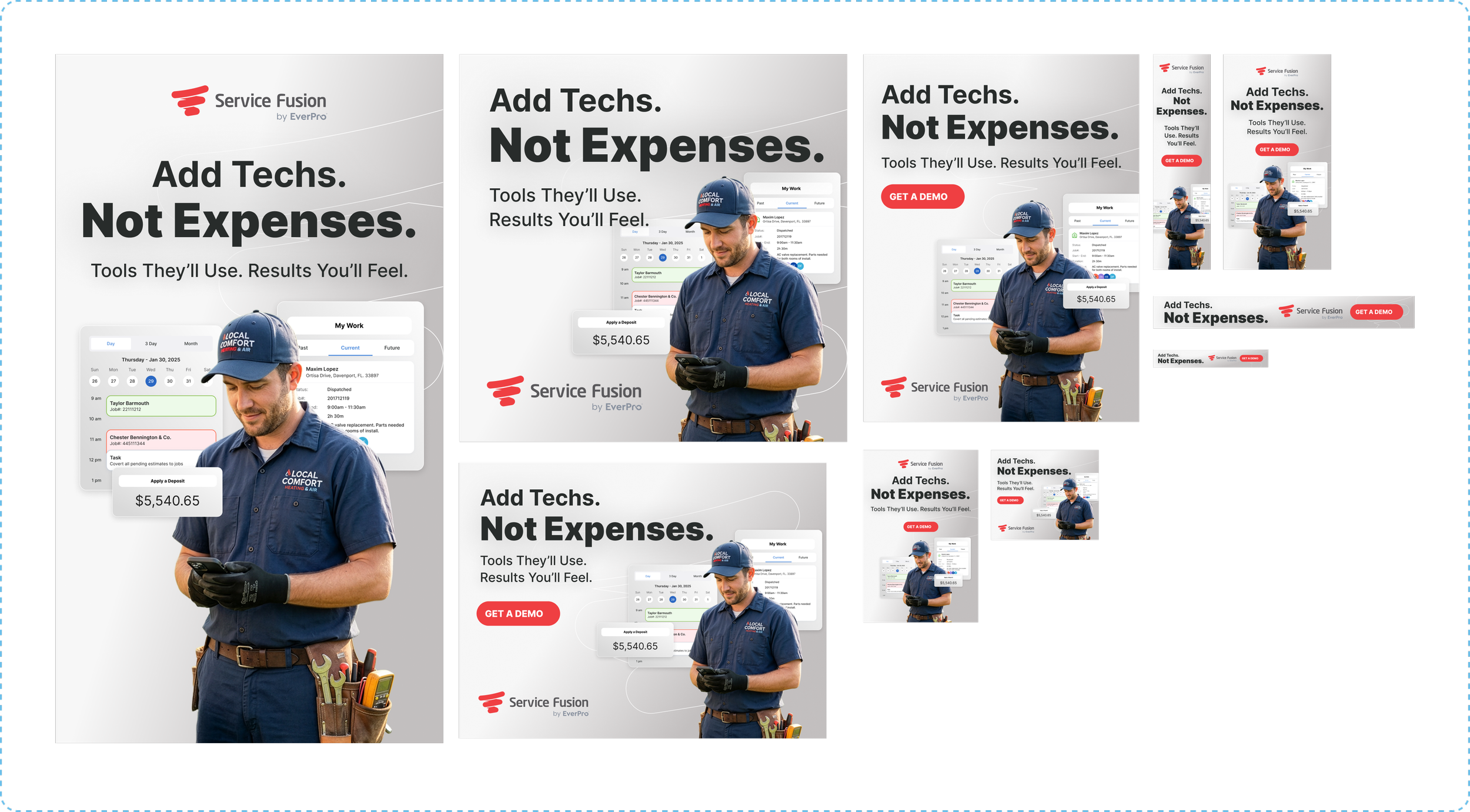A collage of digital advertisements for Service Fusion, showing a man in a blue uniform with tools in a pouch, holding a smartphone, and screenshots of software interfaces with text about adding tech tools without expenses, and a red button saying 'G