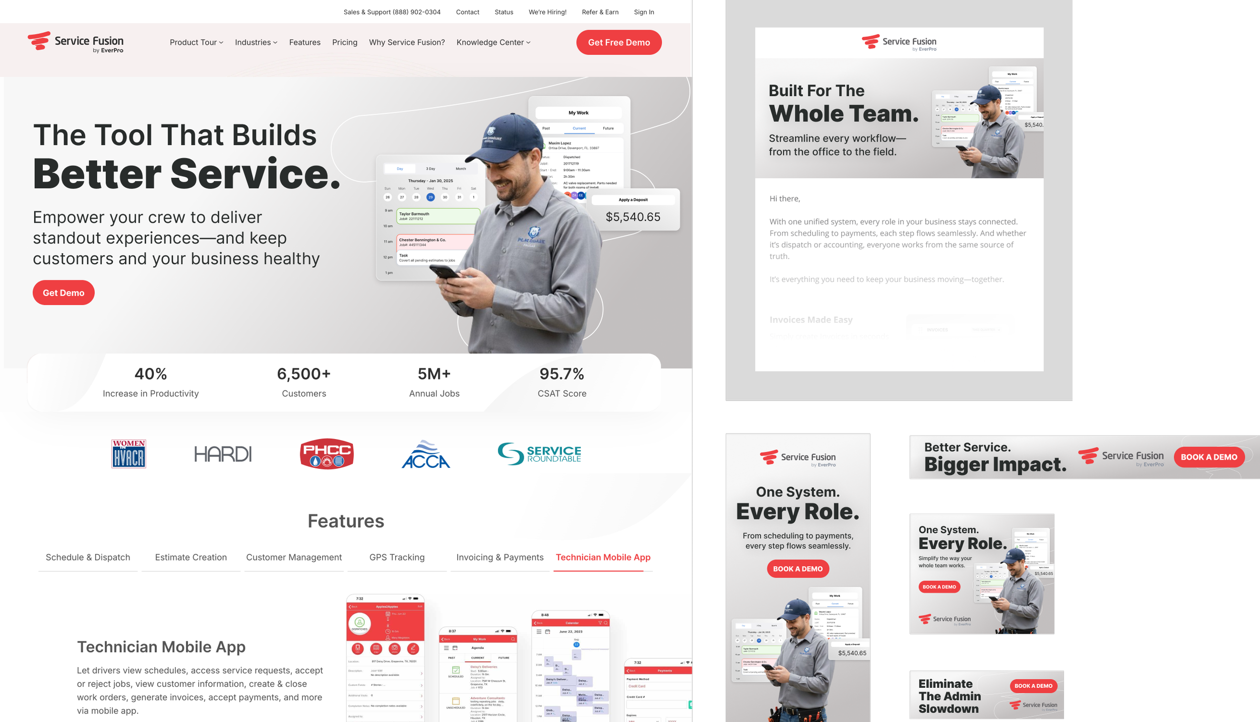 Comparison of two webpage layouts for Service Fusion by EverPro, featuring a male technician in uniform using a mobile phone, with promotional text highlighting features like better service, team support, and scheduling tools.