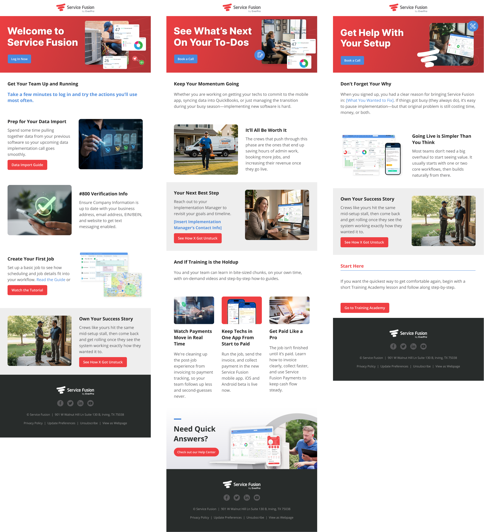Screenshot of a webpage for Service Fusion, a business management software platform, featuring sections with headings, images, and buttons promoting features like team coordination, data import, and customer support, with contact info and social media links at the bottom.
