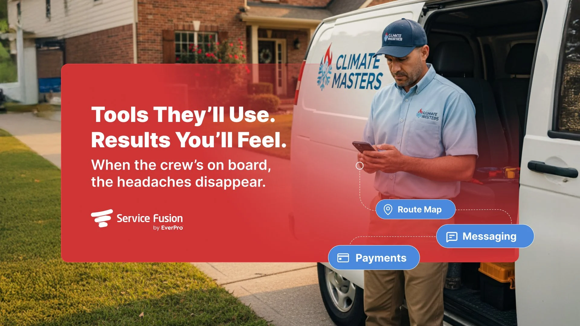 A technician wearing a blue cap and shirt with the logo 'Climate Masters' standing next to a branded service van, looking at his phone in a residential neighborhood.