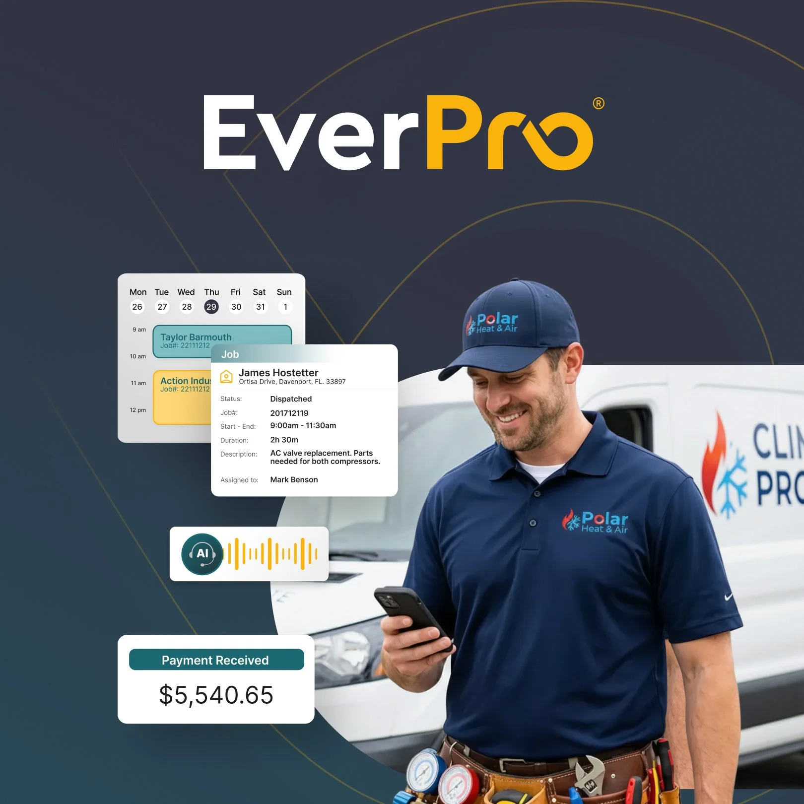 A technician in a navy blue polo shirt and matching cap with the Polar Heat & Air logo stands outdoors, smiling and looking at his phone. Behind him is a white van with a Polar Heat & Air logo, and the background features a dark blue graphic design with gold curved lines.