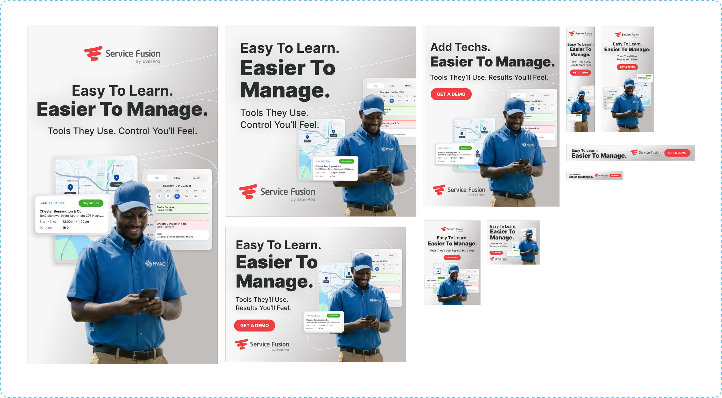 Multiple advertisements for Service Fusion by EverPro, featuring a smiling man in a blue HVAC uniform and cap, using a smartphone, with text emphasizing ease of learning and managing tools, along with a red 'Get a Demo' button, on a white and grey ba