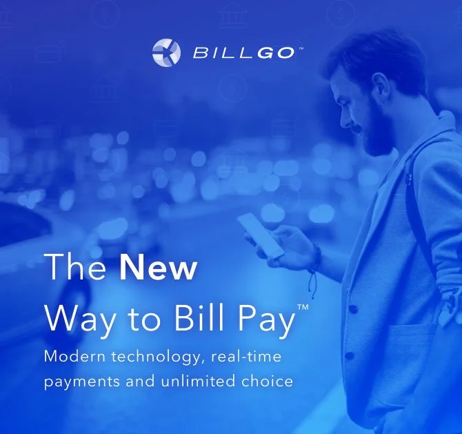 Blue gradient overlay over a man looking at the bill pay app on his phone. Image text says" BillGO, the new way to bil pay. Modern technology, real-time payments and unlimited choice"