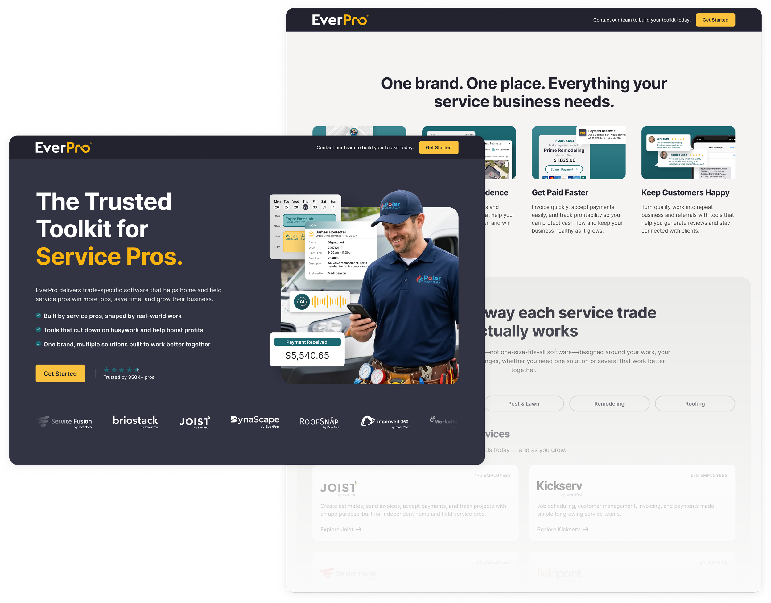 Screenshot of a website for EverPro, showcasing diverse business management services for service professionals, including software tools for job scheduling, invoicing, and customer feedback, with a promotional banner and various service categories listed.