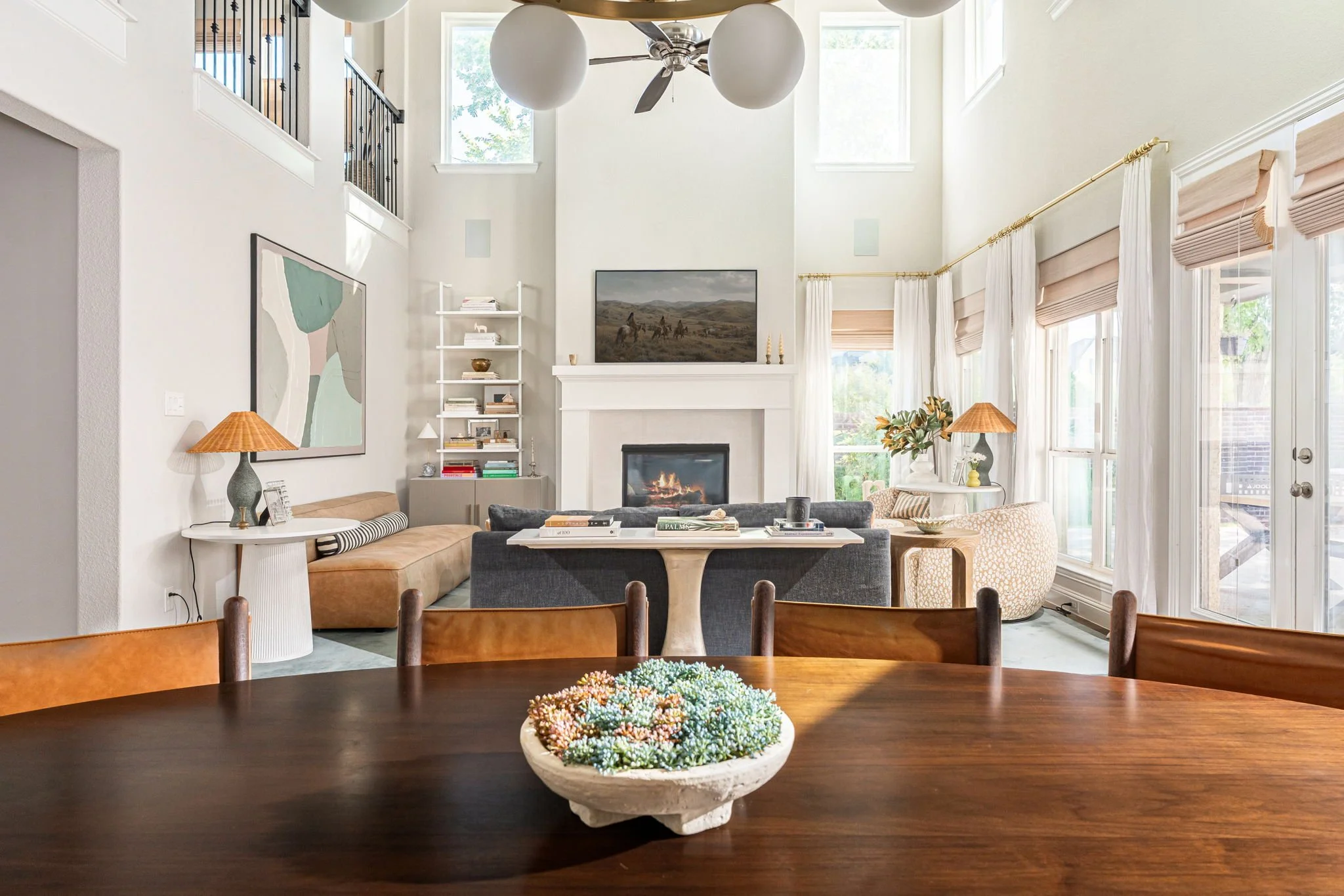 open concept living and dining with transitional decor