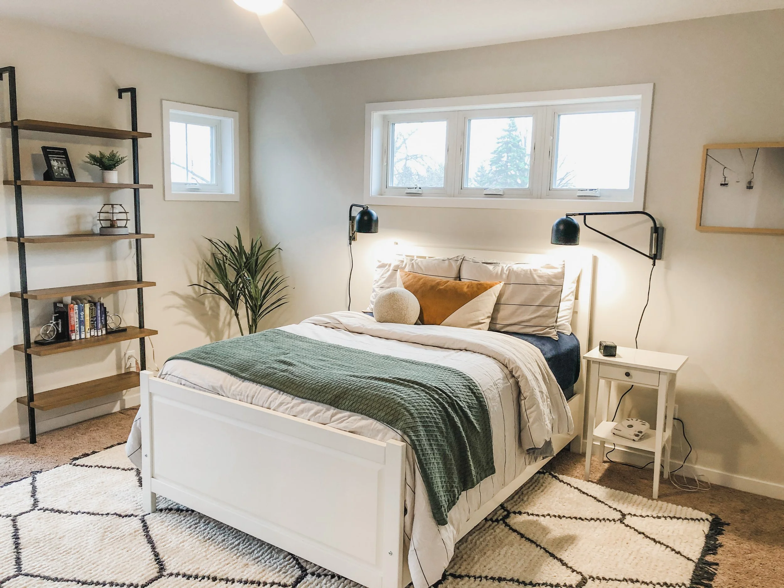 black, white, green, gray bedroom.JPG