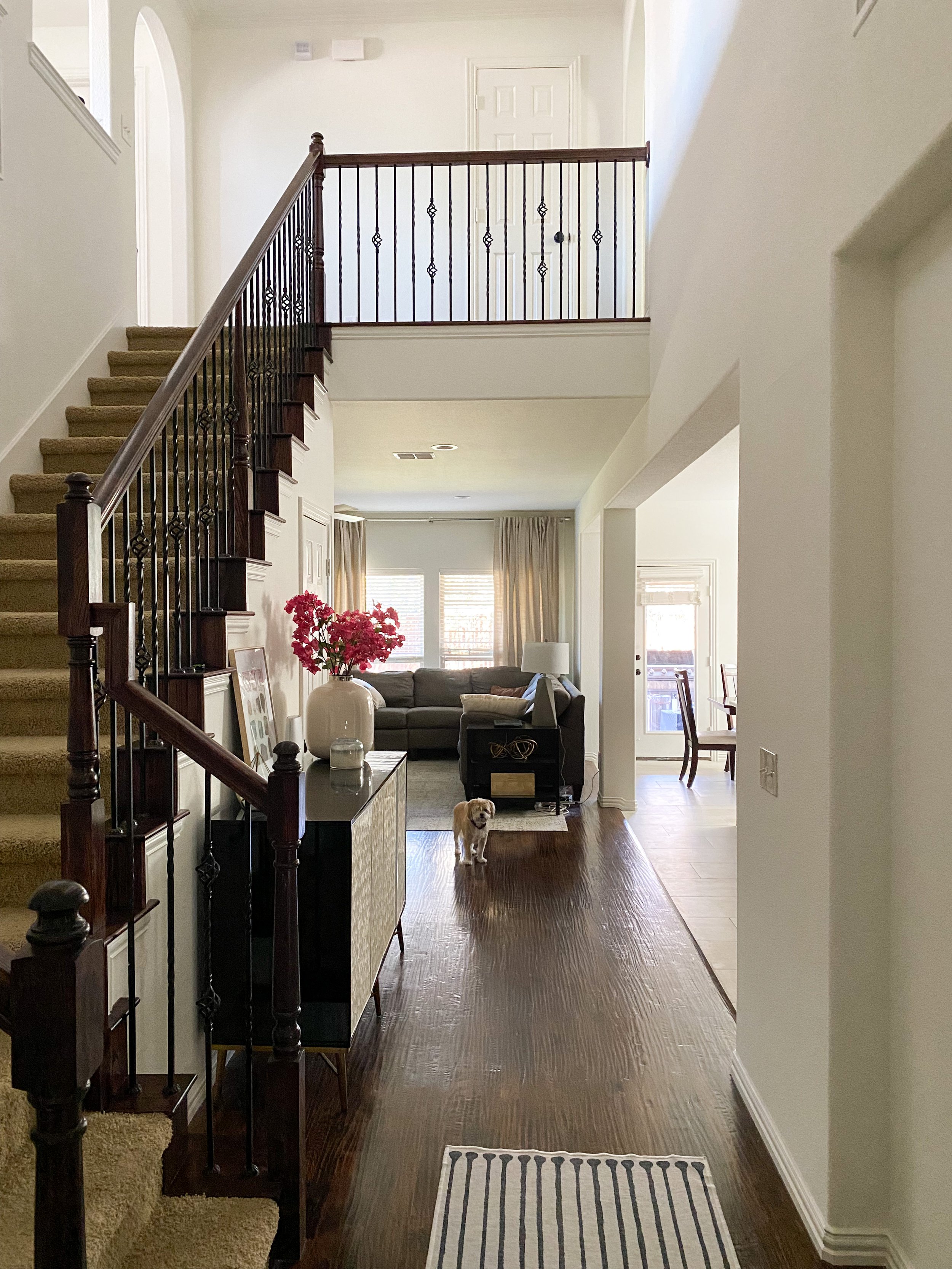 entryway with white walls and dark stairs.JPEG