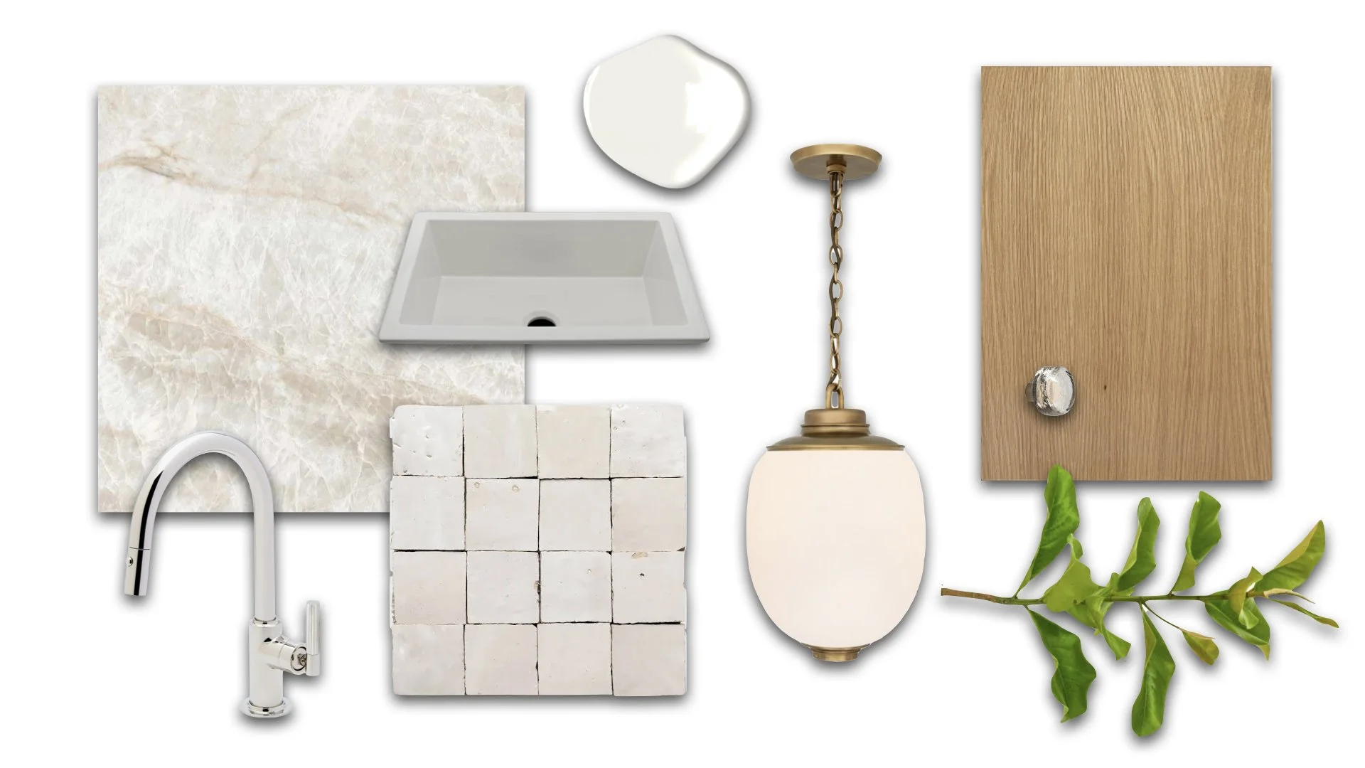 Mood board of neutral kitchen finishes and materials including oak, taj mahal quartzite, zellige tiles, polished nickel faucet and a brass pendant light.