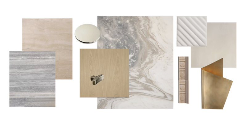 Interior design board showing materials and finishes in gray, beige, gold, and white. Light woods, brass accents and beige and gray stones.