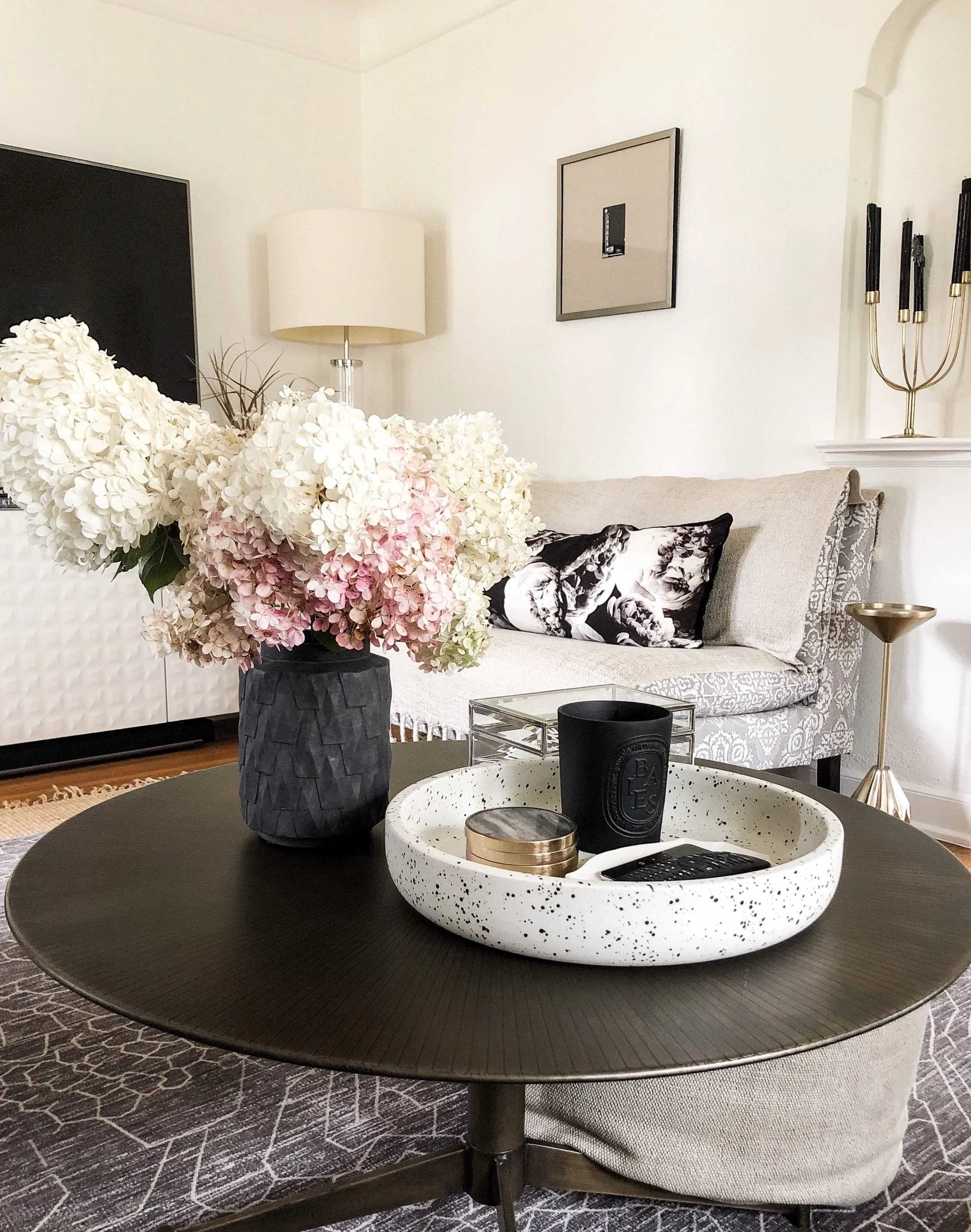 black and white living room with hydrangeas.jpg