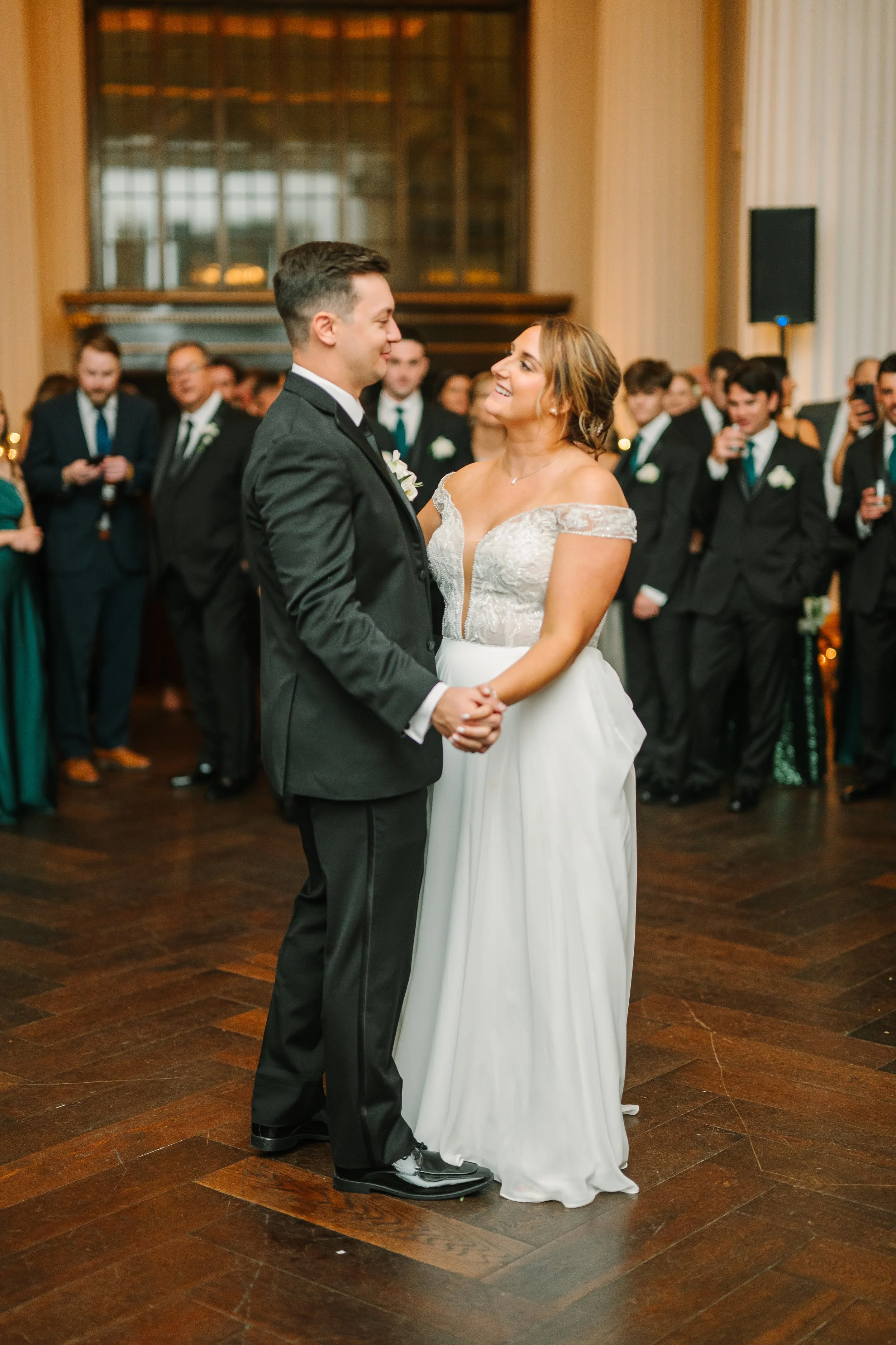 Image of the happy couple, dancing in the middle of the dance floor at Hotel Monaco in downtown Pittsburgh.