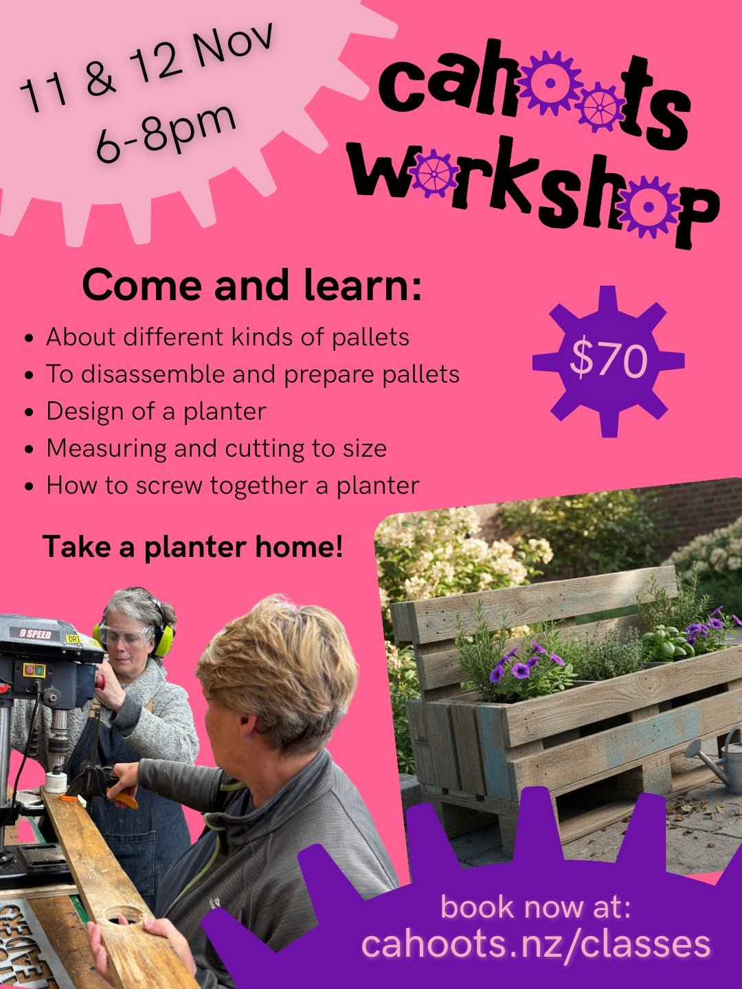 This class runs over two evenings, 11 and 12th November (Tuesday/Wednesday), 6-8pm. 

Come and learn to make planter boxes from pallets and take one home - it's that simple :)