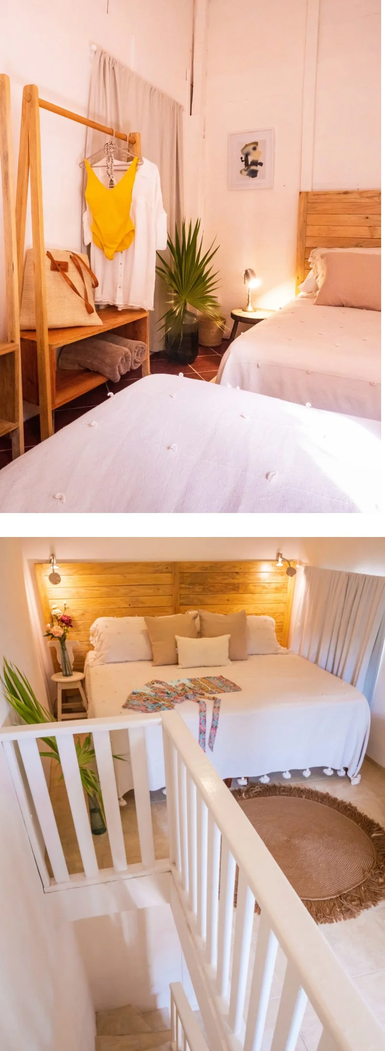 Two bedrooms with cozy decor and wooden accents. The first room has a bed with white bedding, a nightstand with a lamp, a large plant, and a wall art piece. The second room has a bed with beige pillows and a wooden headboard, a bedside table with flowers, a closet area with hanging clothes and towels, and a staircase leading downstairs.