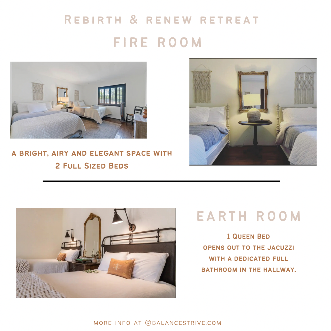 A digital flyer showcasing three bedrooms at Rebirth & Renew Retreat. The top left photo displays a bright, airy bedroom with two full-sized beds, white bedding, and wall hangings. The top right photo features a bedroom with two beds, a mirror, table lamp, and wall decorations. The bottom photo shows a bedroom with a queen-sized bed, wall-mounted lamps, and decorative pillows.