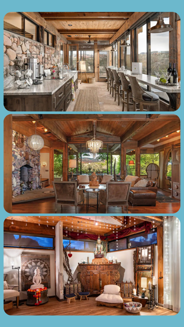 Three interior views of cozy, rustic-style rooms. The first is a bright kitchen and dining area with granite countertops, wooden ceiling, and large windows. The second is a living room with a stone fireplace, wooden ceiling beams, and plush seating with scenic views outside. The third is a decorated room with a shrine, statues, and eclectic furniture including armchairs and a cabinet, with large windows and warm lighting.