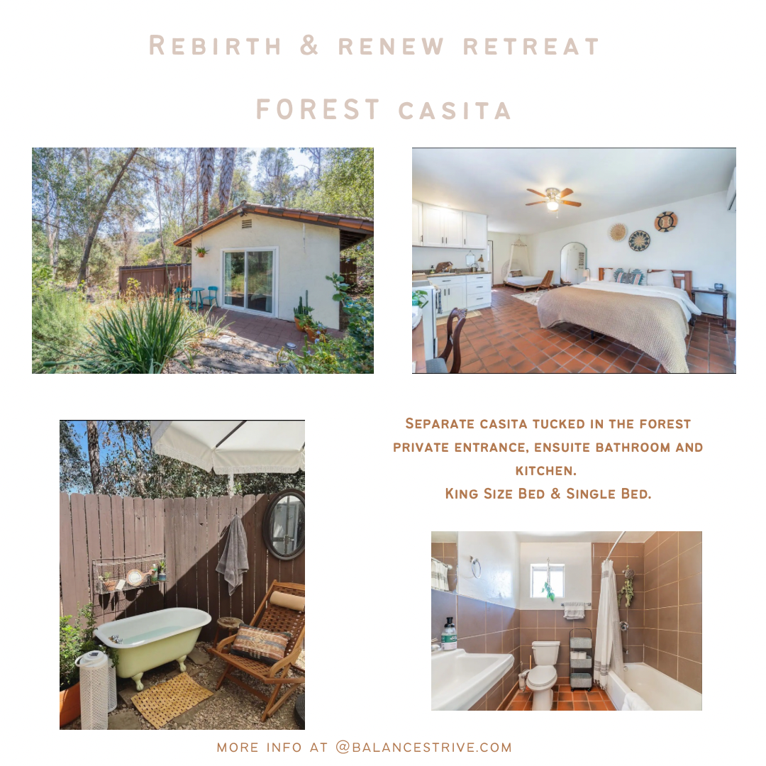 Images of a retreat property called Forest Casita, including an exterior view of a small house surrounded by trees, an interior bedroom with a king-sized bed, an outdoor bathtub area with an umbrella, and a bathroom with a shower, toilet, and sink.